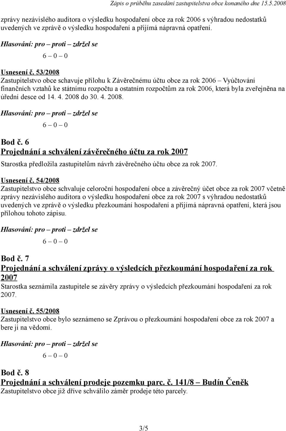 desce od 14. 4. 2008 do 30. 4. 2008. Bod č. 6 Projednání a schválení závěrečného účtu za rok 2007 Starostka předložila zastupitelům návrh závěrečného účtu obce za rok 2007. Usnesení č.