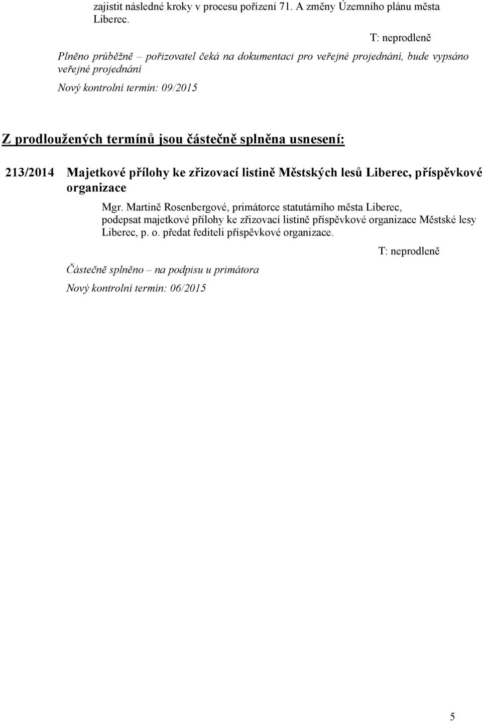 jsou částečně splněna usnesení: 213/2014 Majetkové přílohy ke zřizovací listině Městských lesů Liberec, příspěvkové organizace Mgr.