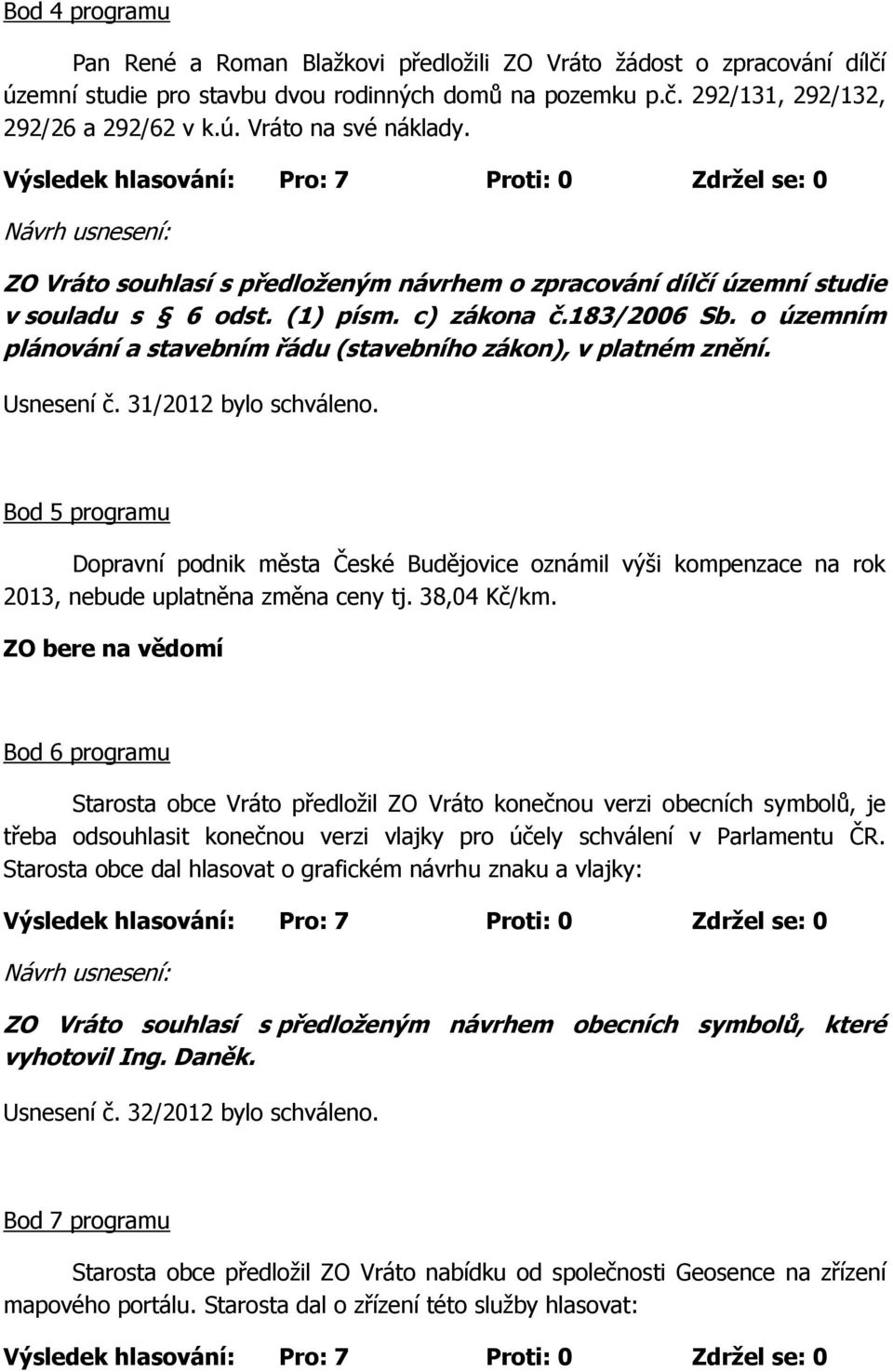 o územním plánování a stavebním řádu (stavebního zákon), v platném znění. Usnesení č. 31/2012 bylo schváleno.