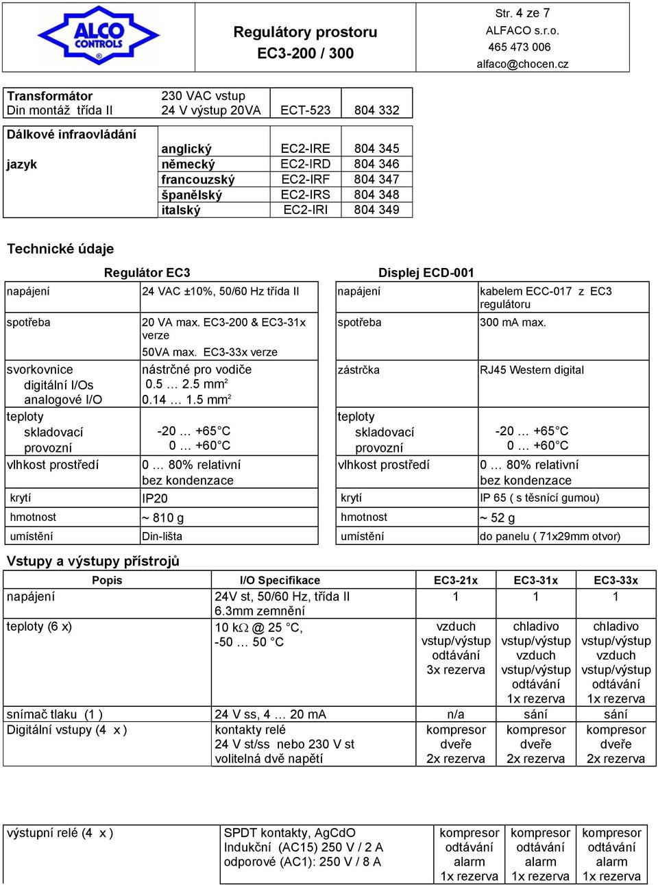 804 348 italský E2-IRI 804 349 Technické údaje Regulátor E3 Displej ED-001 napájení 24 VA ±10%, 50/60 Hz třída II napájení kabelem E-017 z E3 regulátoru spotřeba svorkovnice digitální I/Os analogové