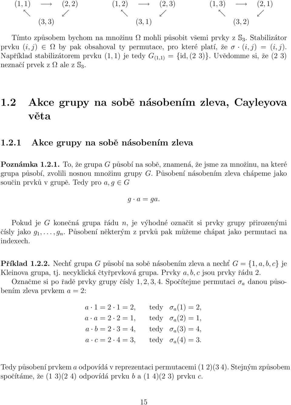 Uvědomme si, že (2 3) neznačí prvek z Ω ale z S 3. 1.2 Akce grupy na sobě násobením zleva, Cayleyova věta 1.2.1 Akce grupy na sobě násobením zleva Poznámka 1.2.1. To, že grupa G působí na sobě, znamená, že jsme za množinu, na které grupa působí, zvolili nosnou množinu grupy G.