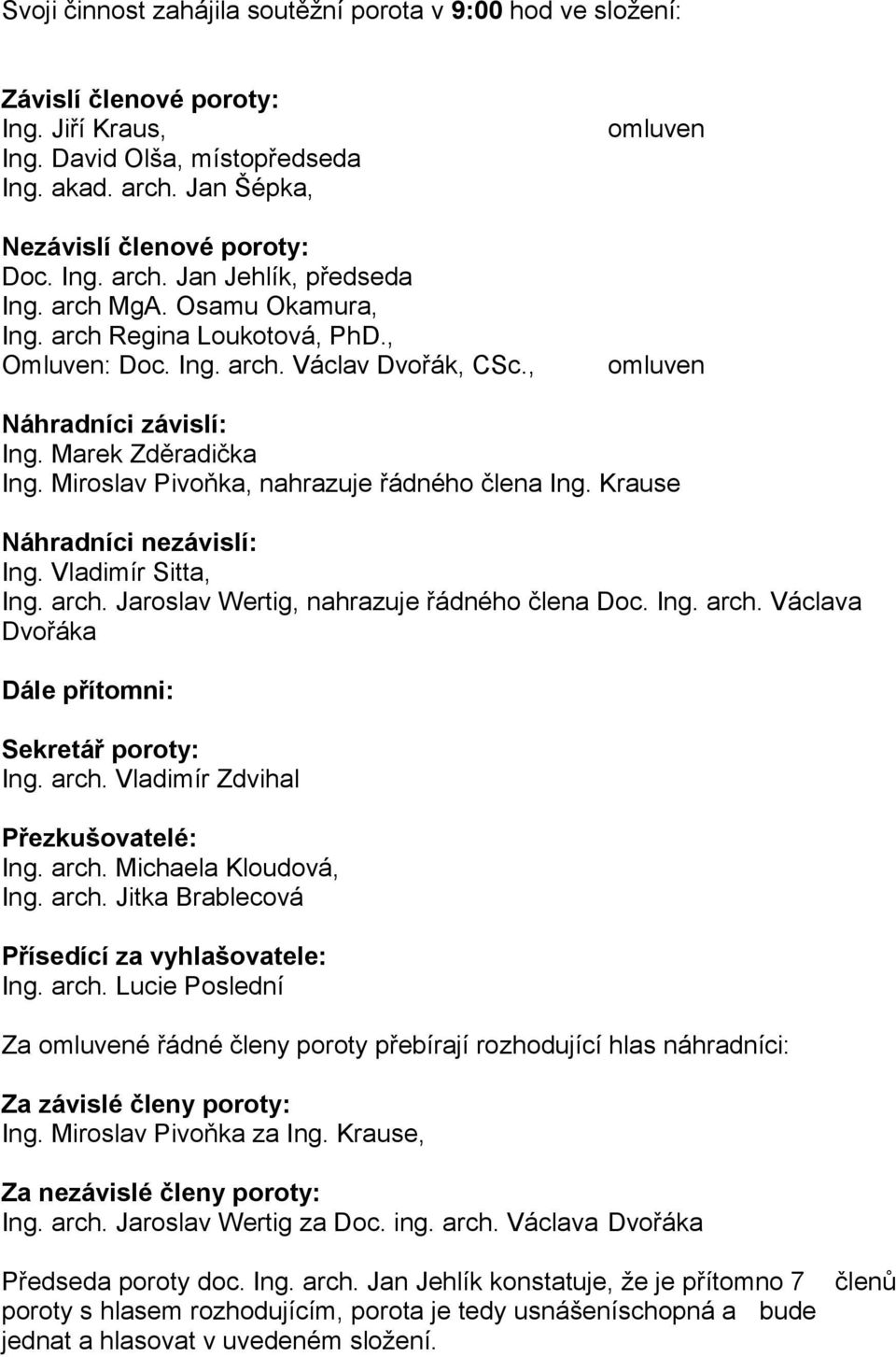 Miroslav Pivoňka, nahrazuje řádného člena Ing. Krause Náhradníci nezávislí: Ing. Vladimír Sitta, Ing. arch. Jaroslav Wertig, nahrazuje řádného člena Doc. Ing. arch. Václava Dvořáka Dále přítomni: Sekretář poroty: Ing.