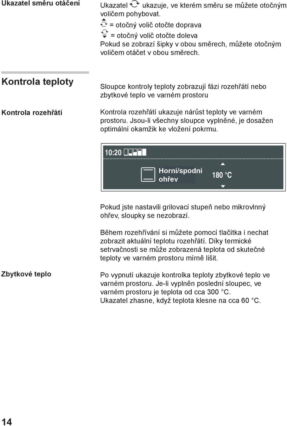 Kontrola teploty Kontrola rozehřátí Sloupce kontroly teploty zobrazují fázi rozehřátí nebo zbytkové teplo ve varném prostoru Kontrola rozehřátí ukazuje nárůst teploty ve varném prostoru.