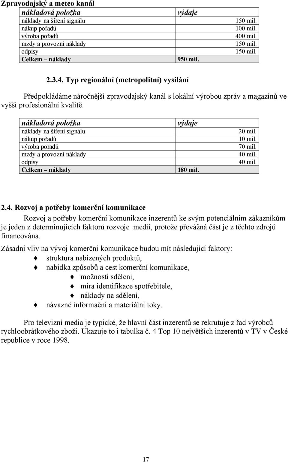 nákladová položka náklady na šíření signálu nákup pořadů výroba pořadů mzdy a provozní náklady odpisy Celkem náklady výdaje 180 mil. 20 mil. 10 mil. 70 mil. 40