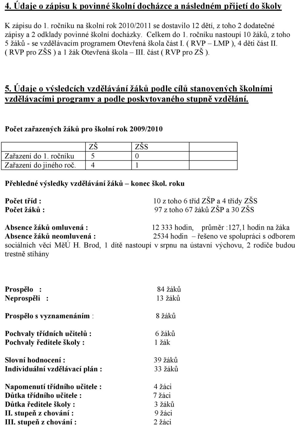 ročníku nastoupí 10 žáků, z toho 5 žáků - se vzdělávacím programem Otevřená škola část I. ( RVP LMP ), 4 děti část II. ( RVP pro ZŠS ) a 1 žák Otevřená škola III. část ( RVP pro ZŠ ). 5. Údaje o výsledcích vzdělávání žáků podle cílů stanovených školními vzdělávacími programy a podle poskytovaného stupně vzdělání.