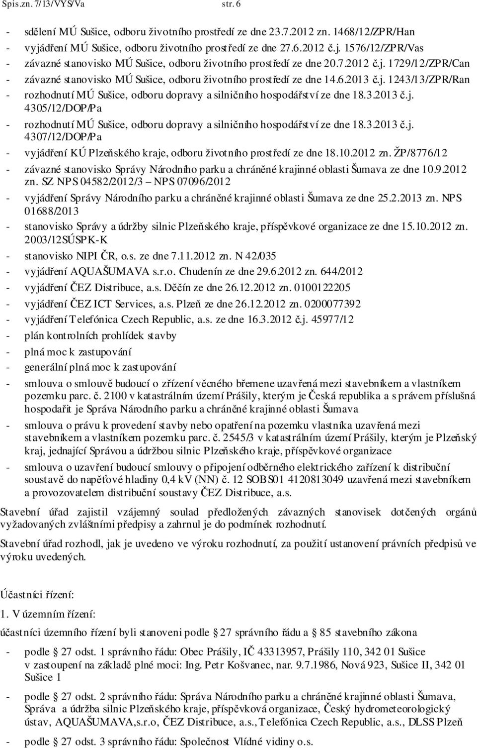 6.2013 č.j. 1243/13/ZPR/Ran - rozhodnutí MÚ Sušice, odboru dopravy a silničního hospodářství ze dne 18.3.2013 č.j. 4305/12/DOP/Pa - rozhodnutí MÚ Sušice, odboru dopravy a silničního hospodářství ze dne 18.