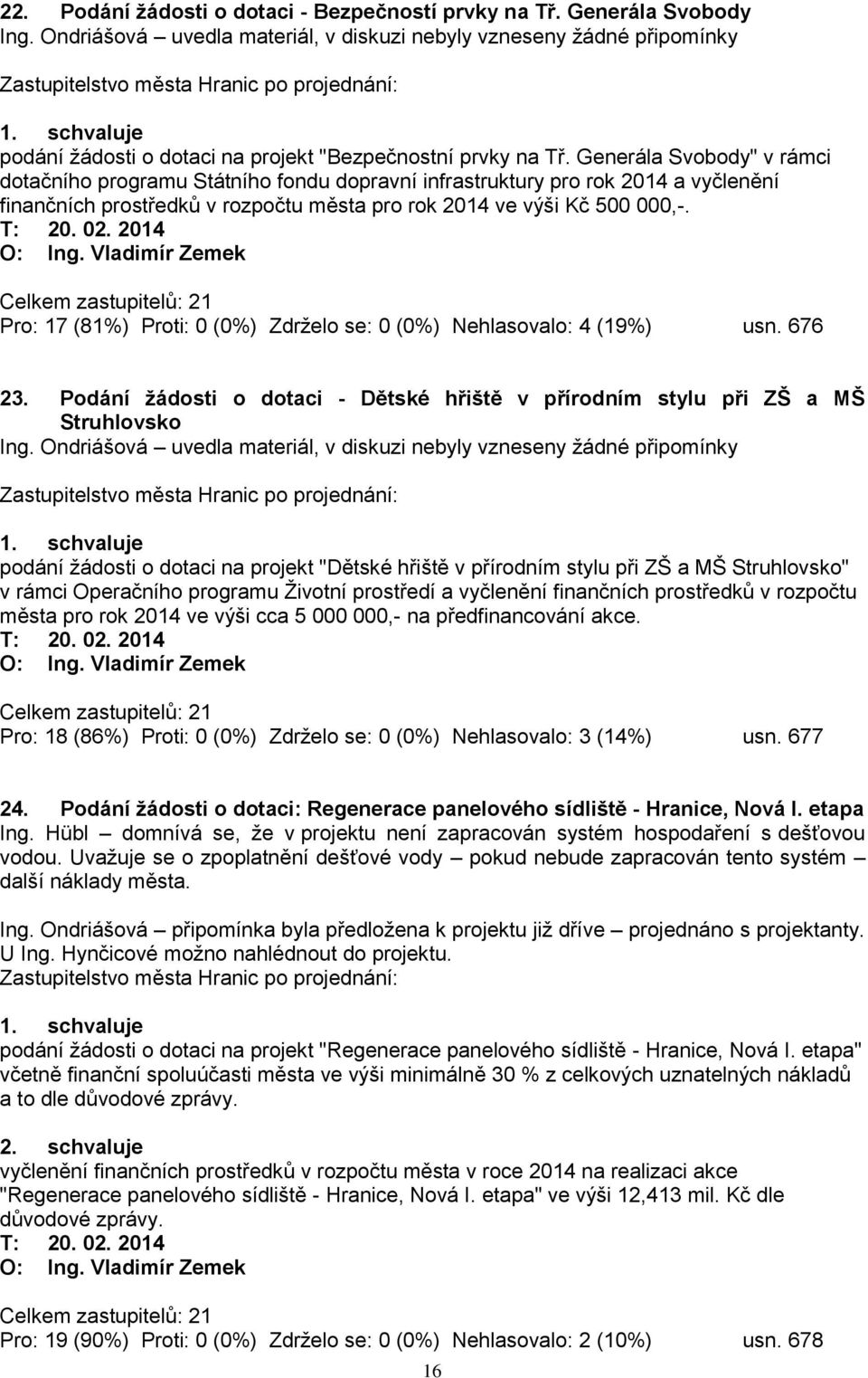 Vladimír Zemek Pro: 17 (81%) Proti: 0 (0%) Zdrželo se: 0 (0%) Nehlasovalo: 4 (19%) usn. 676 23.