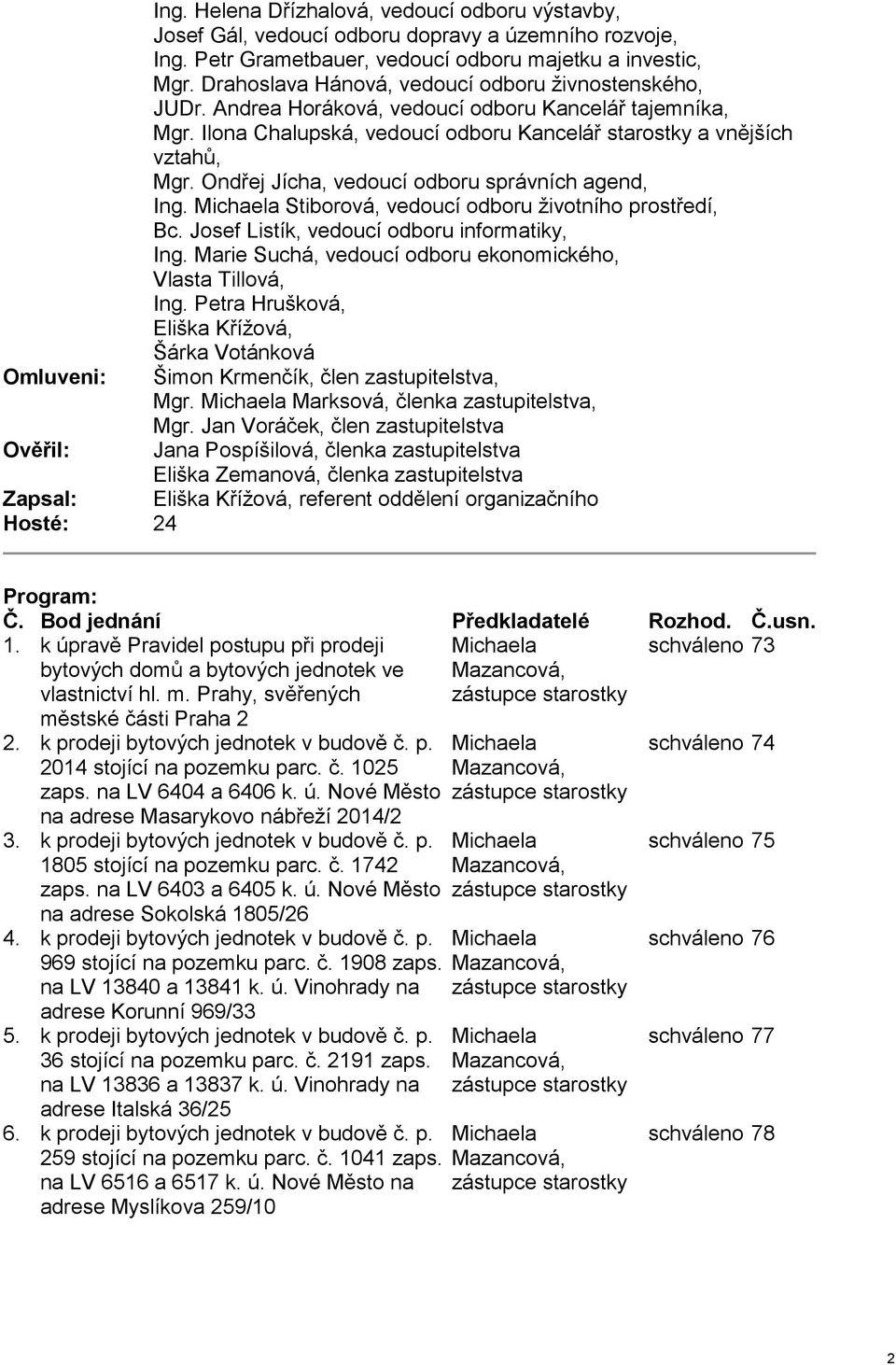 Ondřej Jícha, vedoucí odboru správních agend, Ing. Michaela Stiborová, vedoucí odboru životního prostředí, Bc. Josef Listík, vedoucí odboru informatiky, Ing.