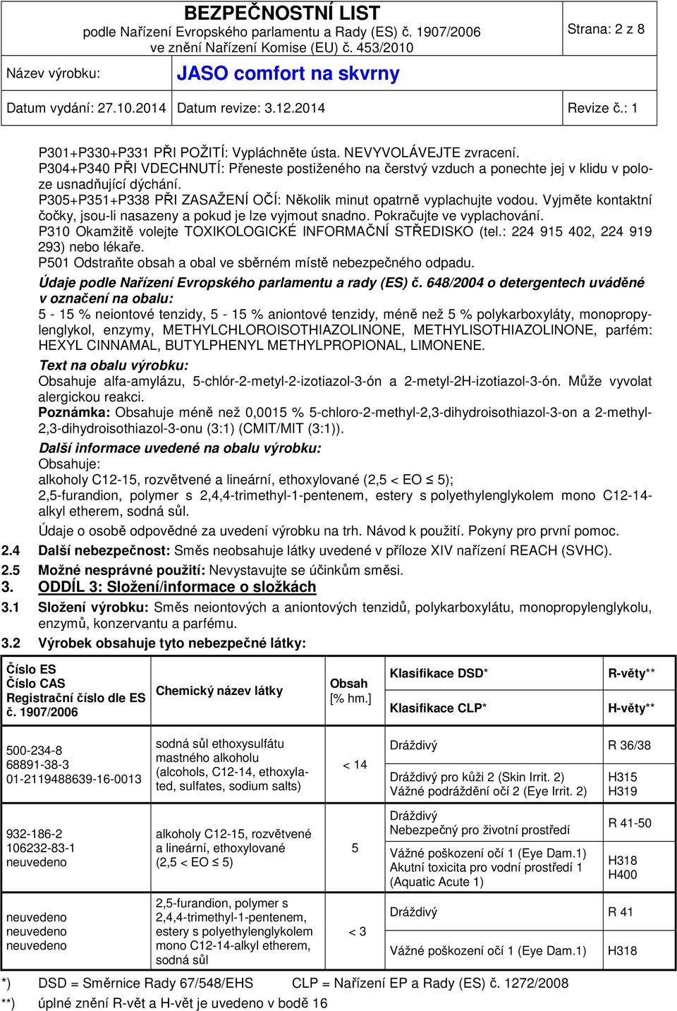 P310 Okamžitě volejte TOXIKOLOGICKÉ INFORMAČNÍ STŘEDISKO (tel.: 224 915 402, 224 919 293) nebo lékaře. P501 Odstraňte obsah a obal ve sběrném místě nebezpečného odpadu.