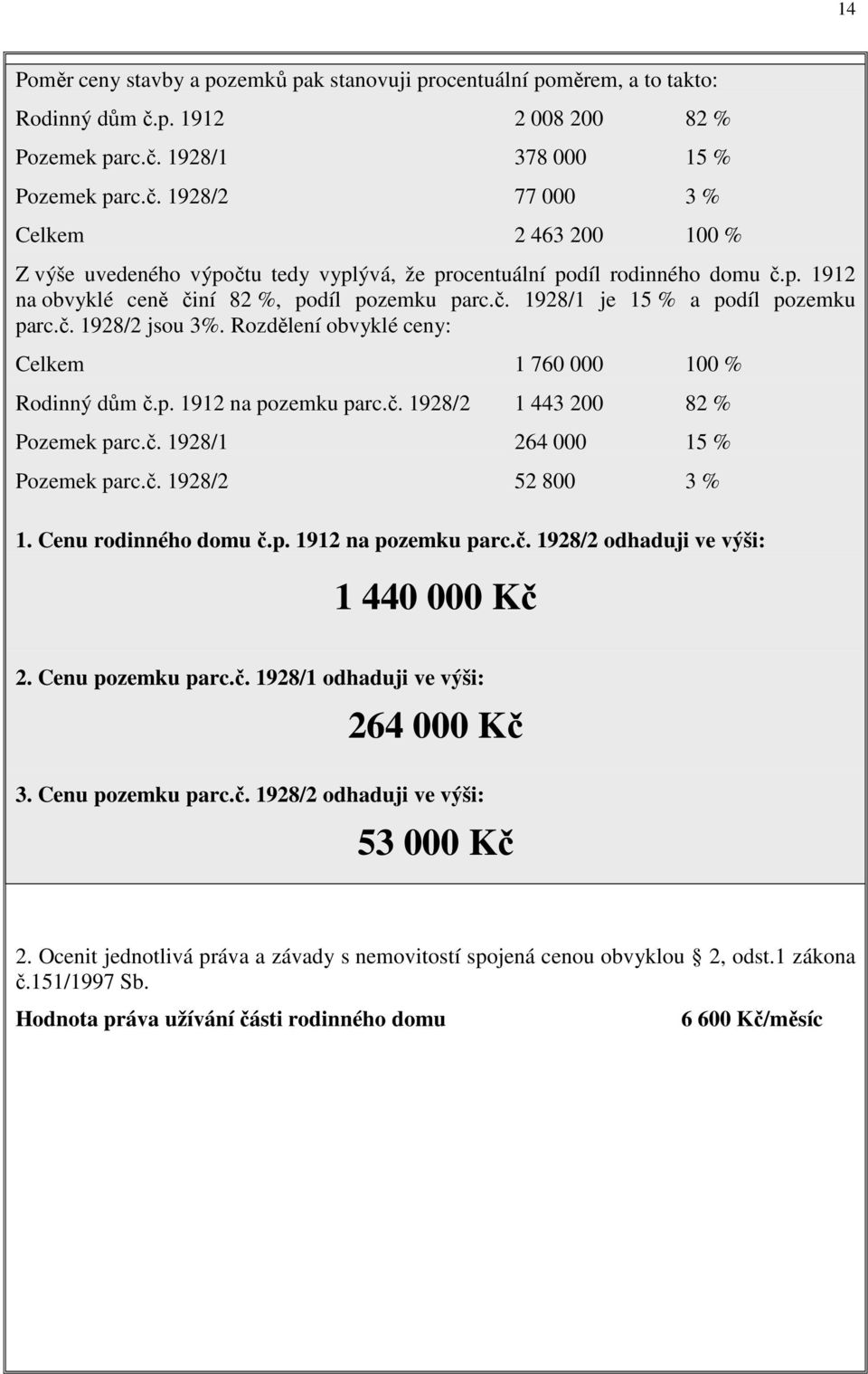 č. 1928/1 je 15 % a podíl pozemku parc.č. 1928/2 jsou 3%. Rozdělení obvyklé ceny: Celkem 1 760 000 100 % Rodinný dům č.p. 1912 na pozemku parc.č. 1928/2 1 443 200 82 % Pozemek parc.č. 1928/1 264 000 15 % Pozemek parc.