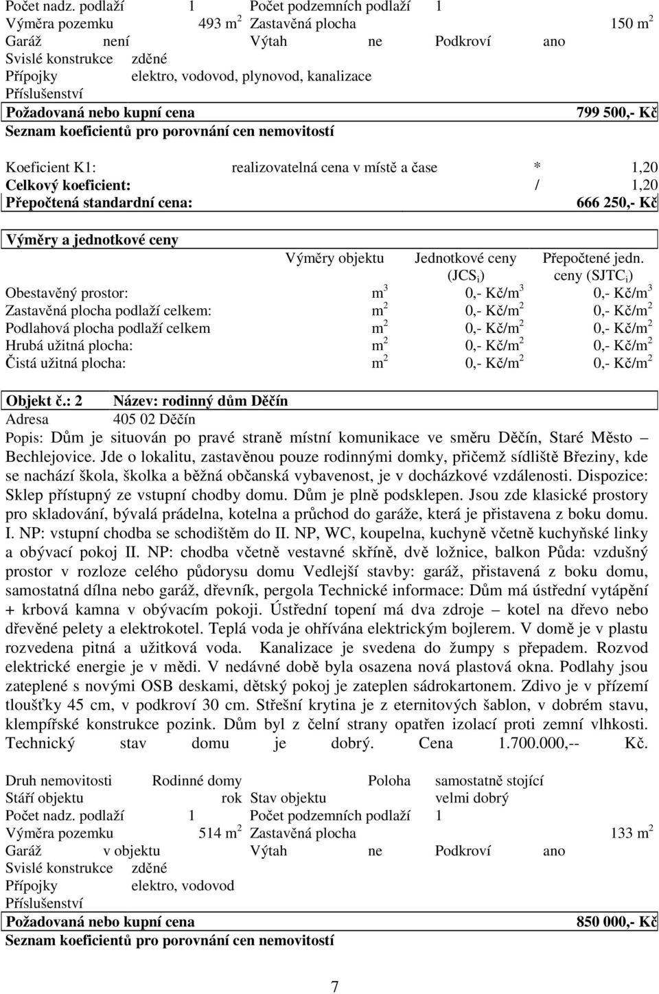 Příslušenství Požadovaná nebo kupní cena 799 500,- Kč Seznam koeficientů pro porovnání cen nemovitostí Koeficient K1: realizovatelná cena v místě a čase * 1,20 Celkový koeficient: / 1,20 Přepočtená