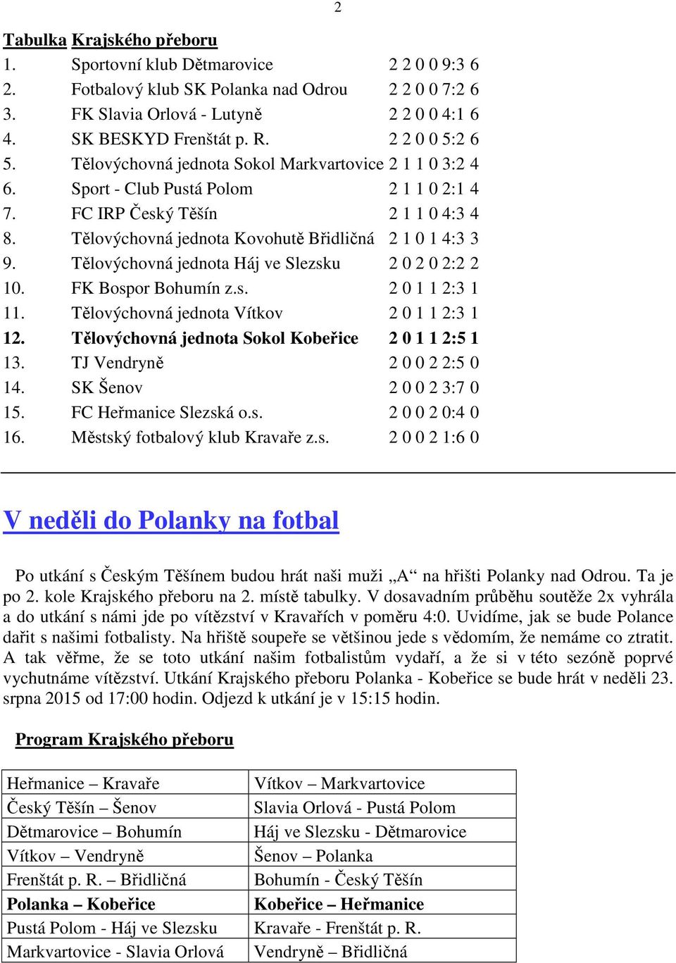 Tělovýchovná jednota Kovohutě Břidličná 2 1 0 1 4:3 3 9. Tělovýchovná jednota Háj ve Slezsku 2 0 2 0 2:2 2 10. FK Bospor Bohumín z.s. 2 0 1 1 2:3 1 11. Tělovýchovná jednota Vítkov 2 0 1 1 2:3 1 12.