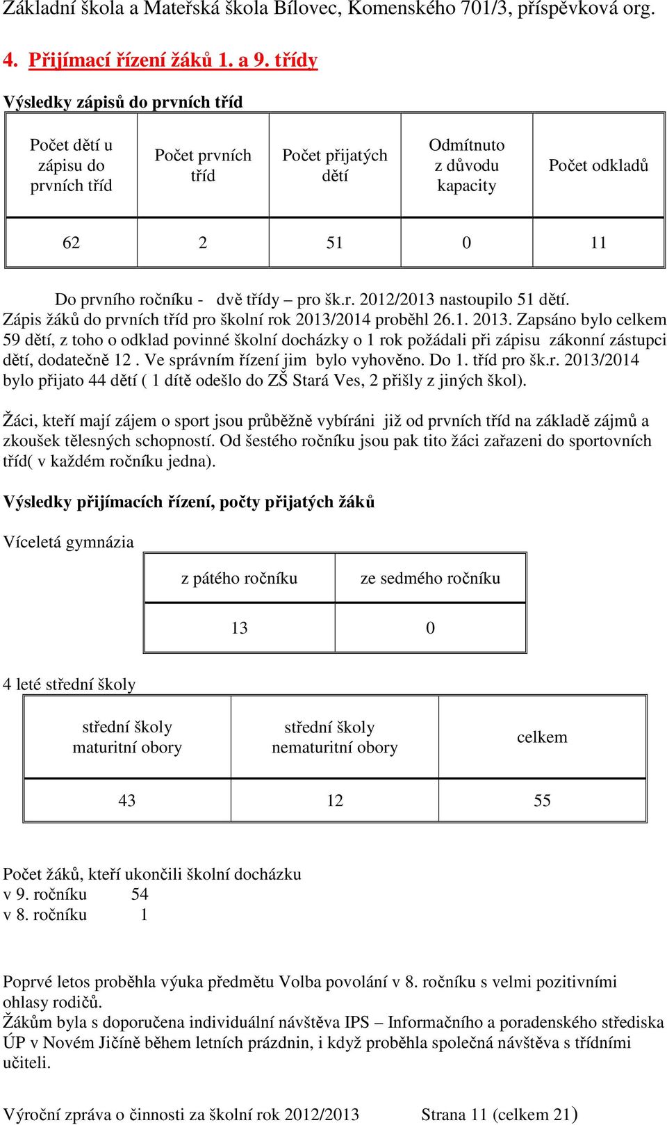 pro šk.r. 2012/2013 nastoupilo 51 dětí. Zápis žáků do prvních tříd pro školní rok 2013/