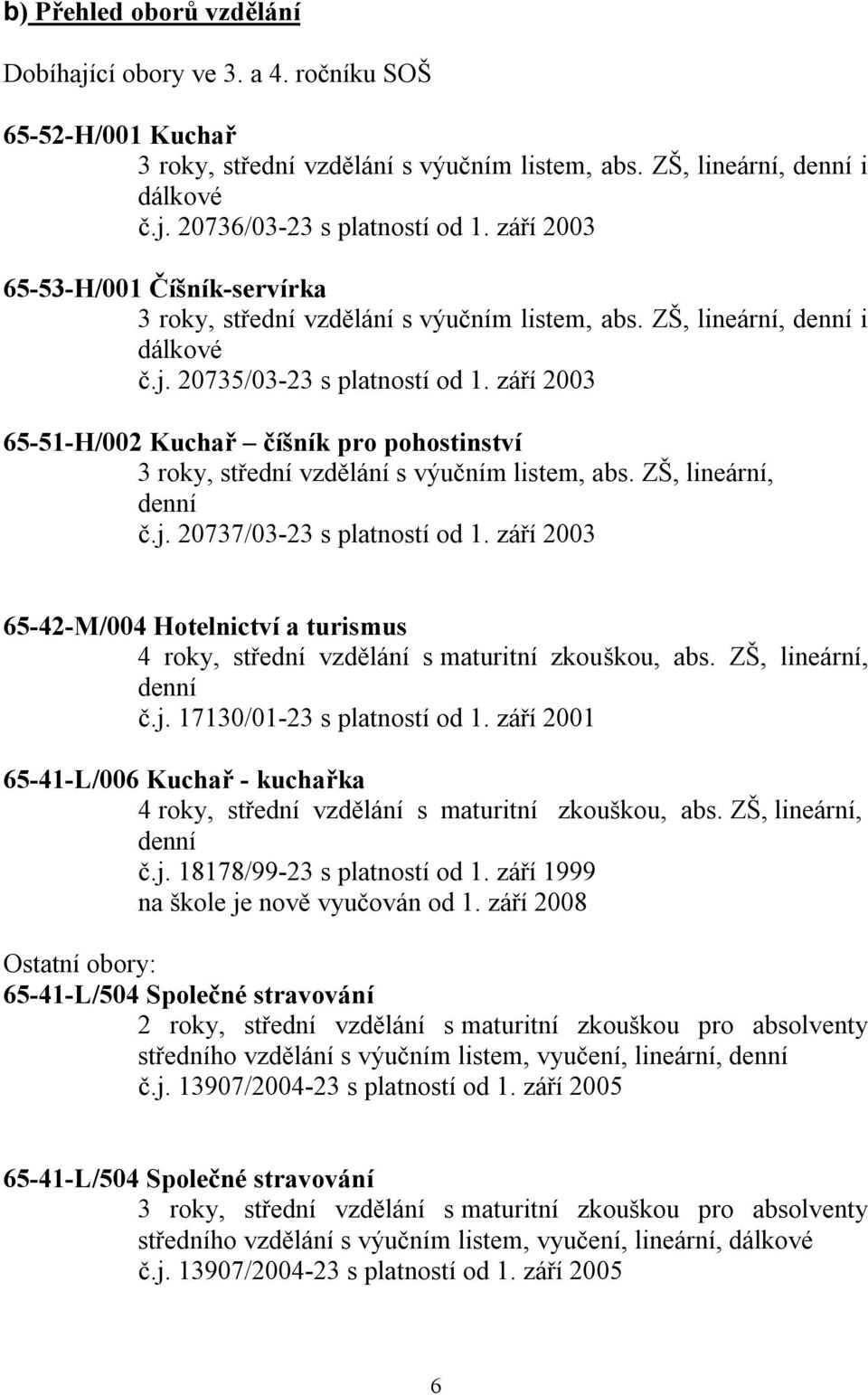 září 2003 65-51-H/002 Kuchař číšník pro pohostinství 3 roky, střední vzdělání s výučním listem, abs. ZŠ, lineární, denní č.j. 20737/03-23 s platností od 1.