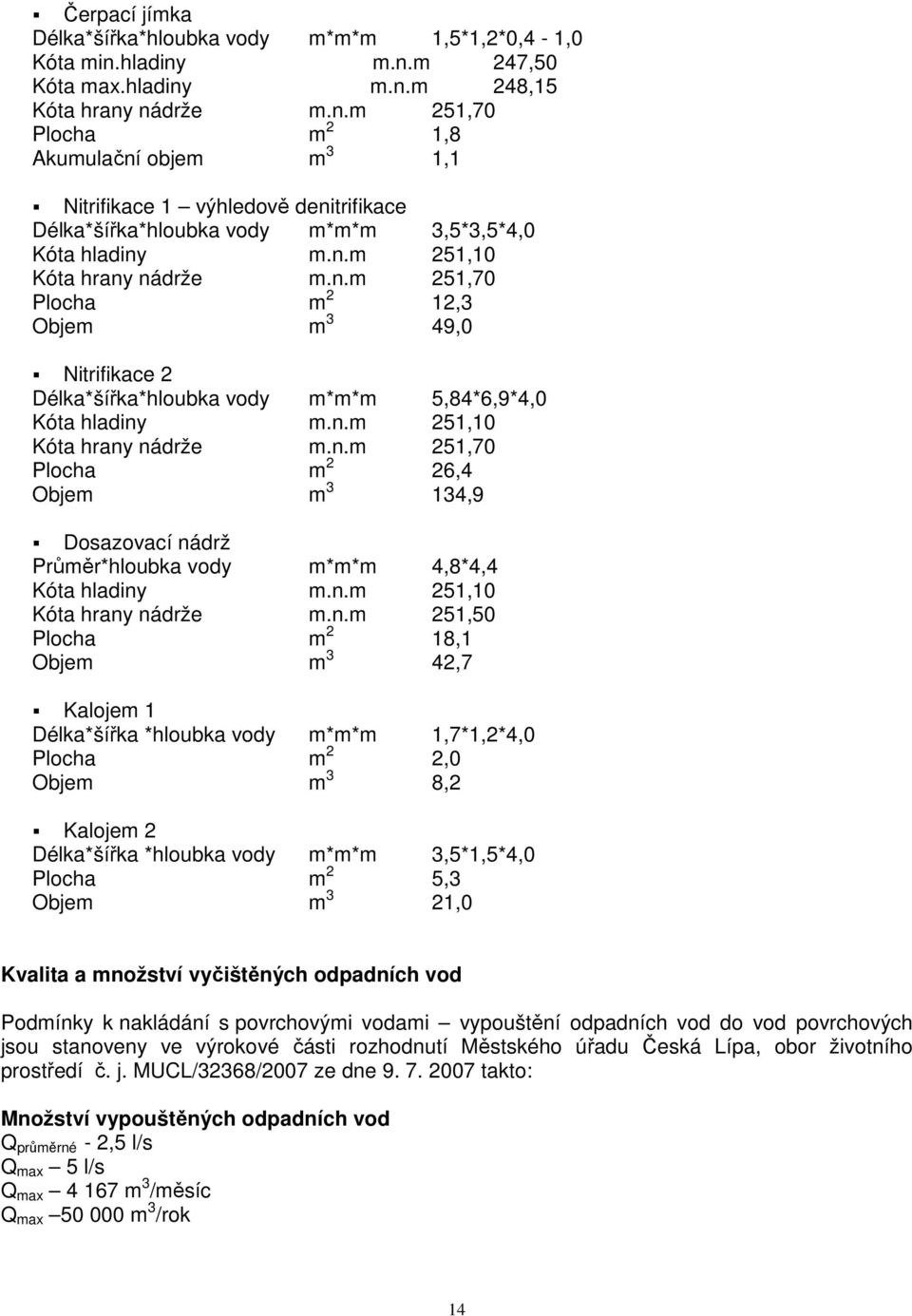 n.m 251,10 Kóta hrany nádrže m.n.m 251,70 Plocha m 2 12,3 Objem m 3 49,0 Nitrifikace 2 Délka*šířka*hloubka vody m*m*m 5,84*6,9*4,0 Kóta hladiny m.n.m 251,10 Kóta hrany nádrže m.n.m 251,70 Plocha m 2 26,4 Objem m 3 134,9 Dosazovací nádrž Průměr*hloubka vody m*m*m 4,8*4,4 Kóta hladiny m.