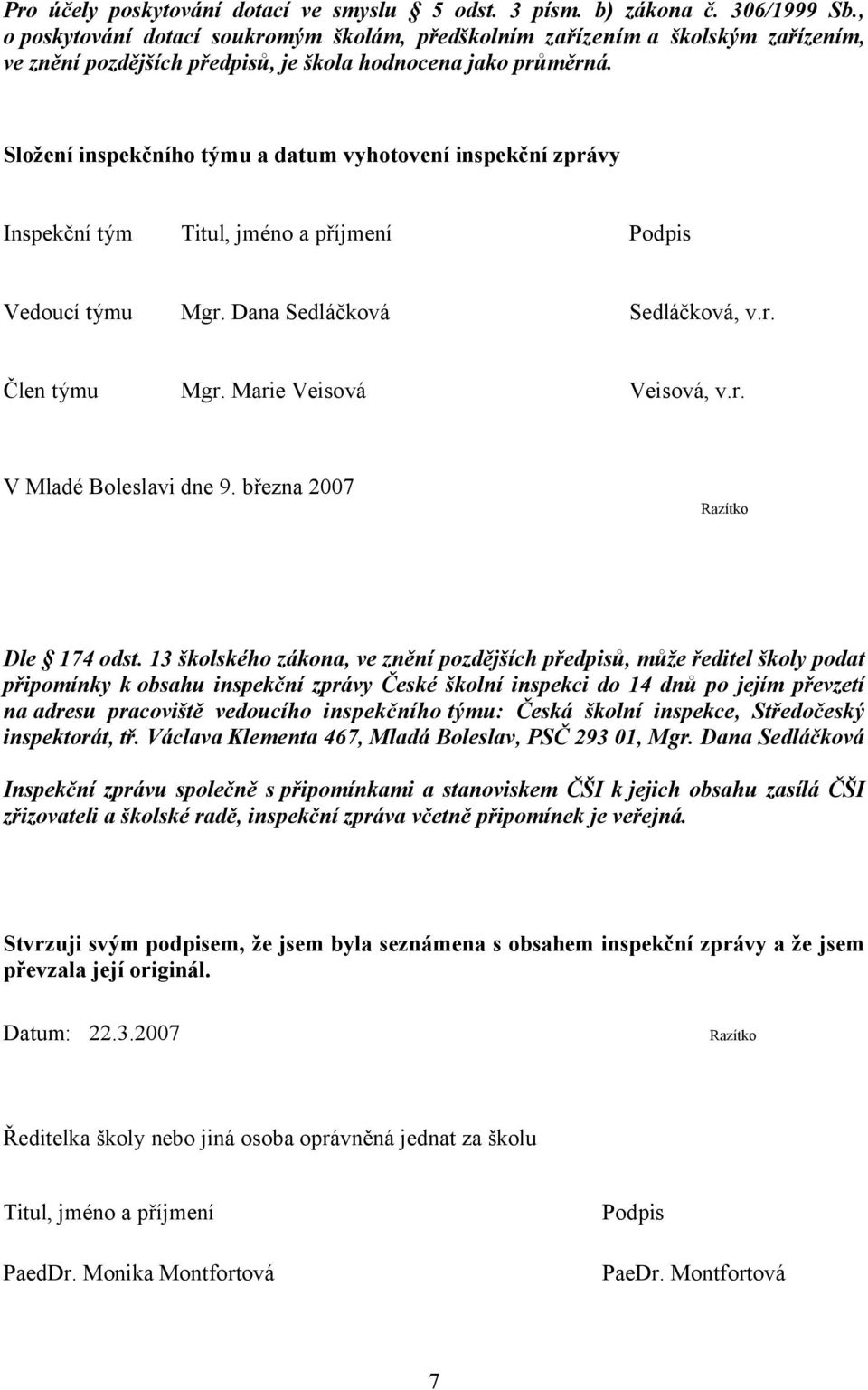 Složení inspekčního týmu a datum vyhotovení inspekční zprávy Inspekční tým Titul, jméno a příjmení Podpis Vedoucí týmu Mgr. Dana Sedláčková Sedláčková, v.r. Člen týmu Mgr. Marie Veisová Veisová, v.r. V Mladé Boleslavi dne 9.