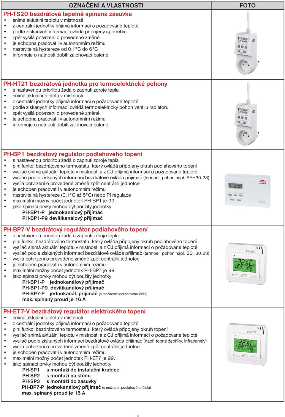 1 C do 6 C informuje o nutnosti dobití zálohovací baterie FOTO PH-HT21 bezdrátová jednotka pro termoelektrické pohony s nastavenou prioritou žádá o zapnutí zdroje tepla snímá aktuální teplotu v