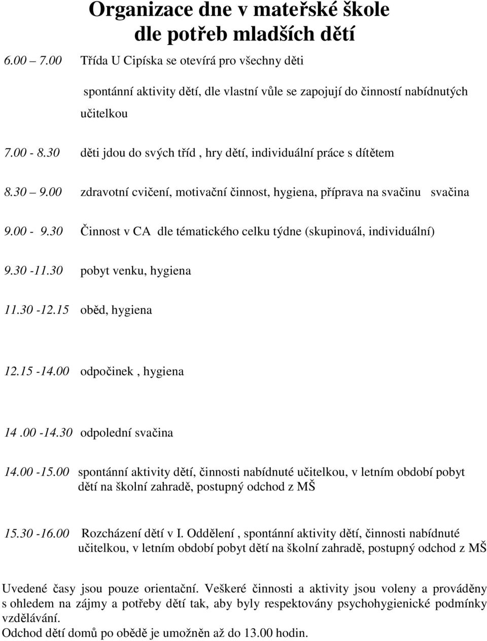 30 Činnst v CA dle tématickéh celku týdne (skupinvá, individuální) 9.30-11.30 pbyt venku, hygiena 11.30-12.15 běd, hygiena 12.15-14.00 dpčinek, hygiena 14.00-14.30 dplední svačina 14.00-15.