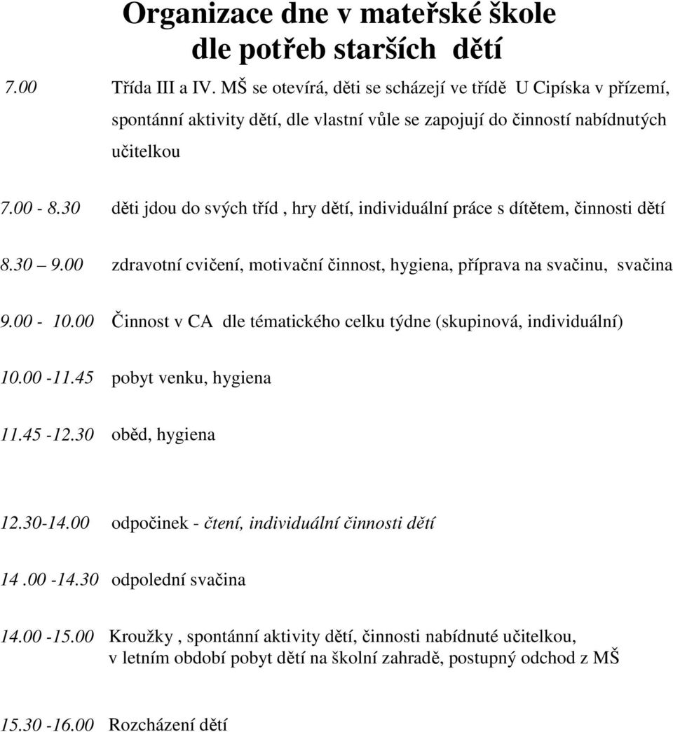 30 děti jdu d svých tříd, hry dětí, individuální práce s dítětem, činnsti dětí 8.30 9.00 zdravtní cvičení, mtivační činnst, hygiena, příprava na svačinu, svačina 9.00-10.