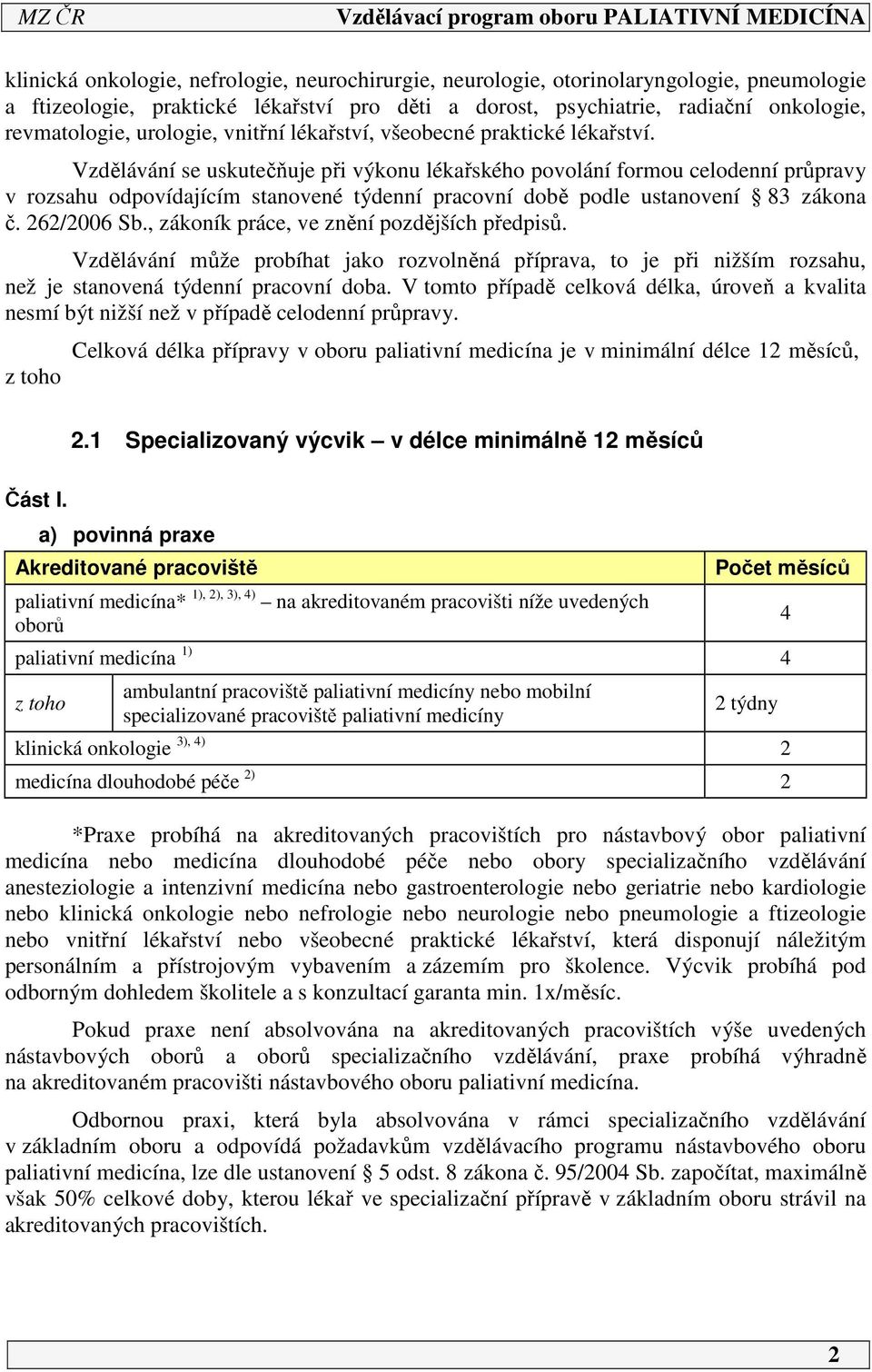 Vzdělávání se uskutečňuje při výkonu lékařského povolání formou celodenní průpravy v rozsahu odpovídajícím stanovené týdenní pracovní době podle ustanovení 83 zákona č. 6/006 Sb.