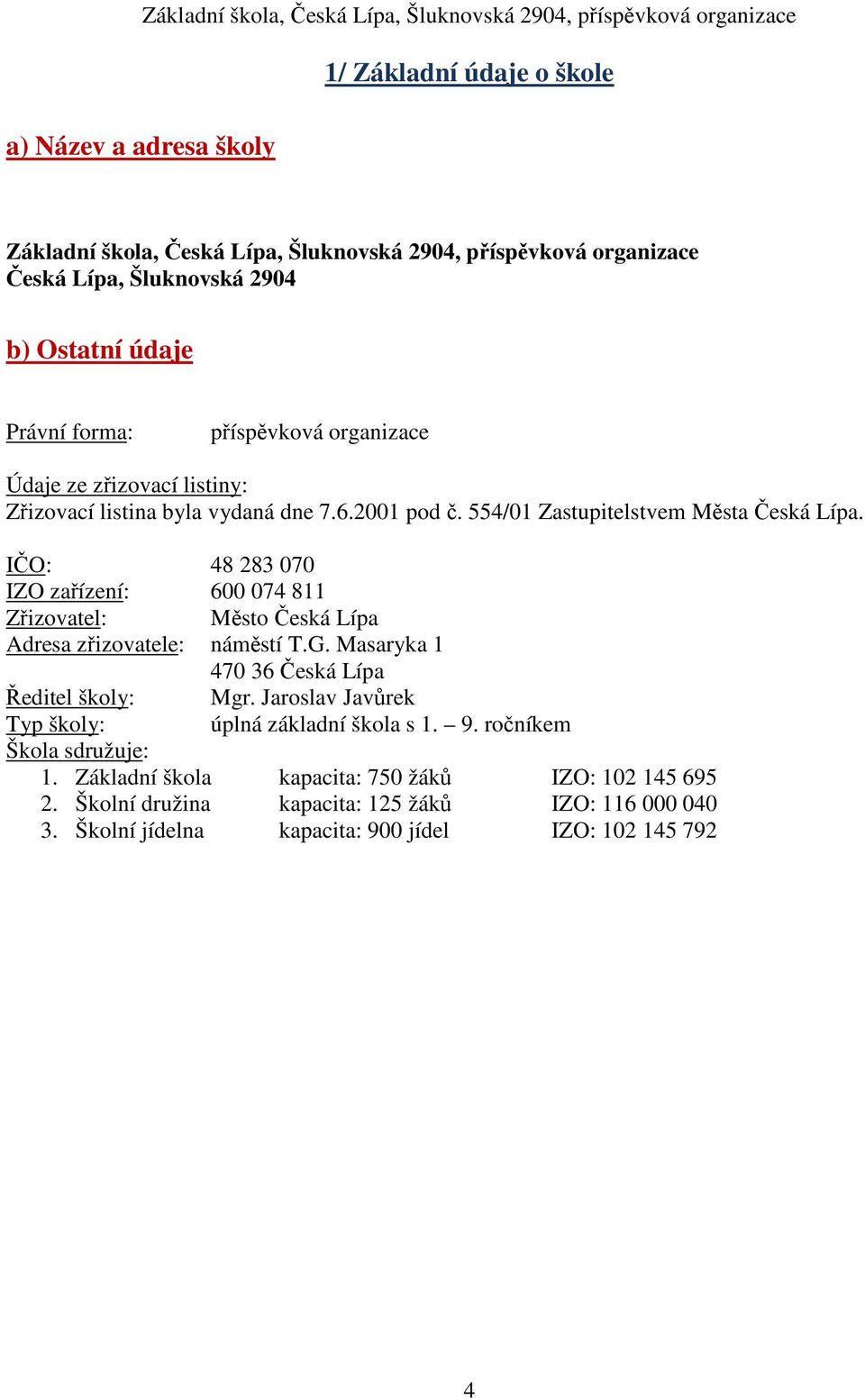 IČO: 48 283 070 IZO zařízení: 600 074 811 Zřizovatel: Město Česká Lípa Adresa zřizovatele: náměstí T.G. Masaryka 1 470 36 Česká Lípa Ředitel školy: Mgr.