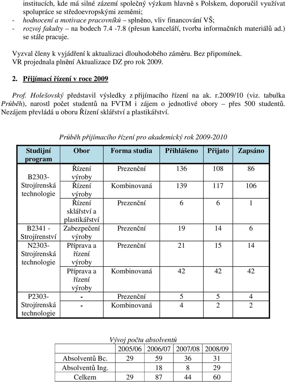 VR projednala plnění Aktualizace DZ pro rok 2009. 2. Přijímací řízení v roce 2009 Prof. Holešovský představil výsledky z přijímacího řízení na ak. r.2009/10 (viz.