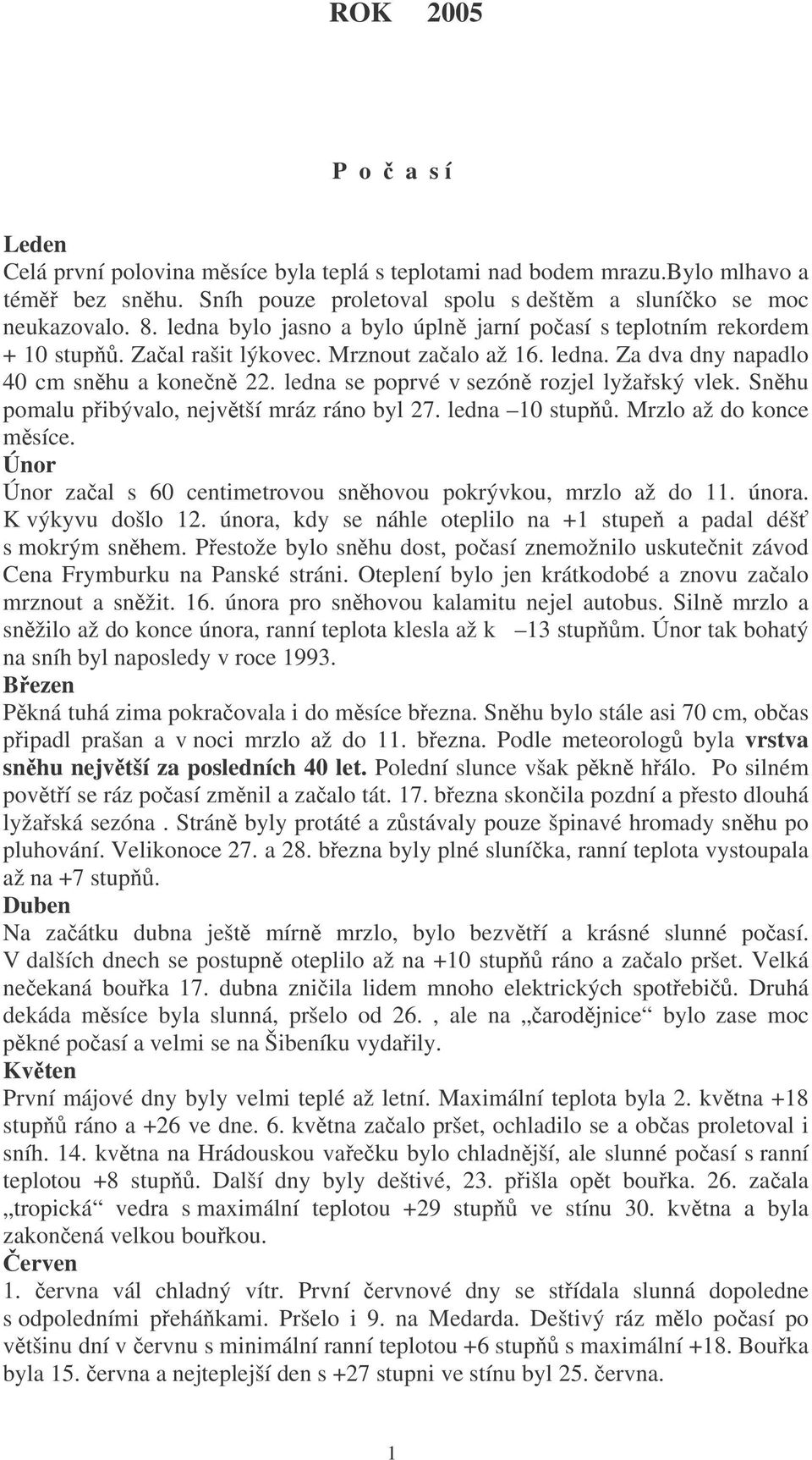 ledna se poprvé v sezón rozjel lyžaský vlek. Snhu pomalu pibývalo, nejvtší mráz ráno byl 27. ledna 10 stup. Mrzlo až do konce msíce.