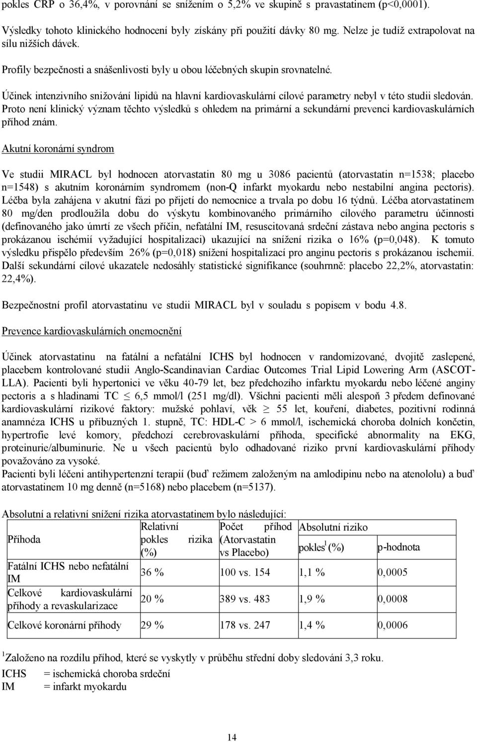 Účinek intenzivního snižování lipidů na hlavní kardiovaskulární cílové parametry nebyl v této studii sledován.