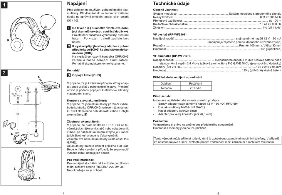 K vysílaèi pøipojte sí ový adaptér a potom pøipojte kabel [CHG] ke sluchátkùm do konektoru [CHG]. Na vysílaèi se rozsvítí kontrolka OPR/CHG zelenì a zaène dobíjení akumulátorù.