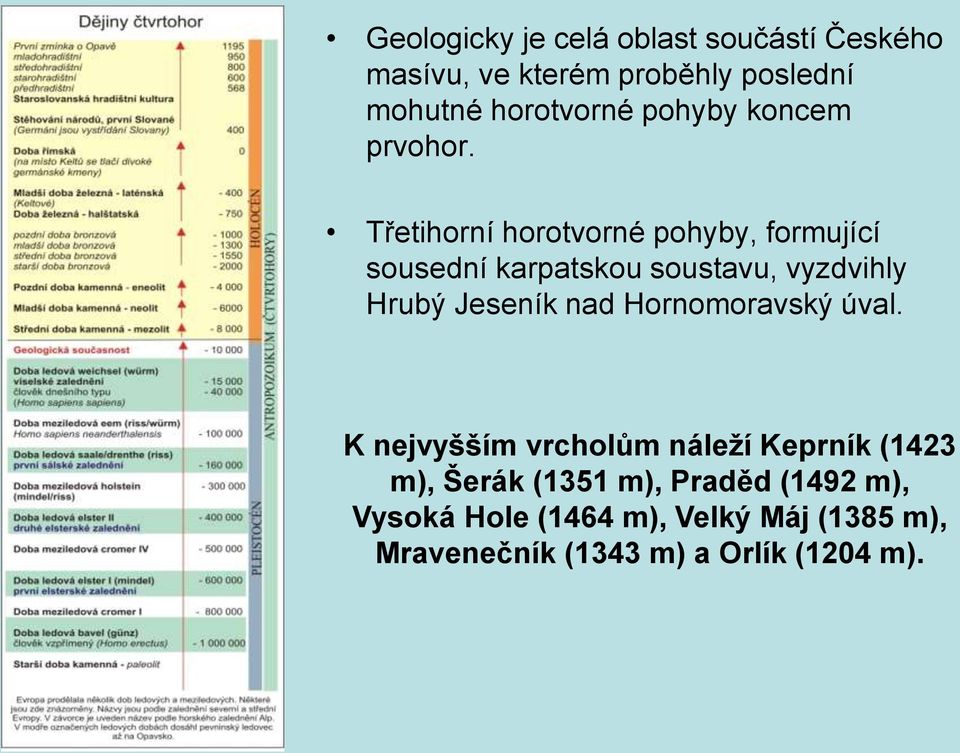 Třetihorní horotvorné pohyby, formující sousední karpatskou soustavu, vyzdvihly Hrubý Jeseník nad