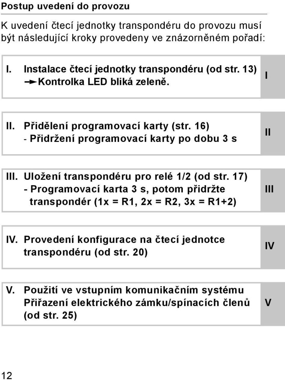 16) - Přidržení programovací karty po dobu 3 s II III. Uložení transpondéru pro relé 1/ (od str.