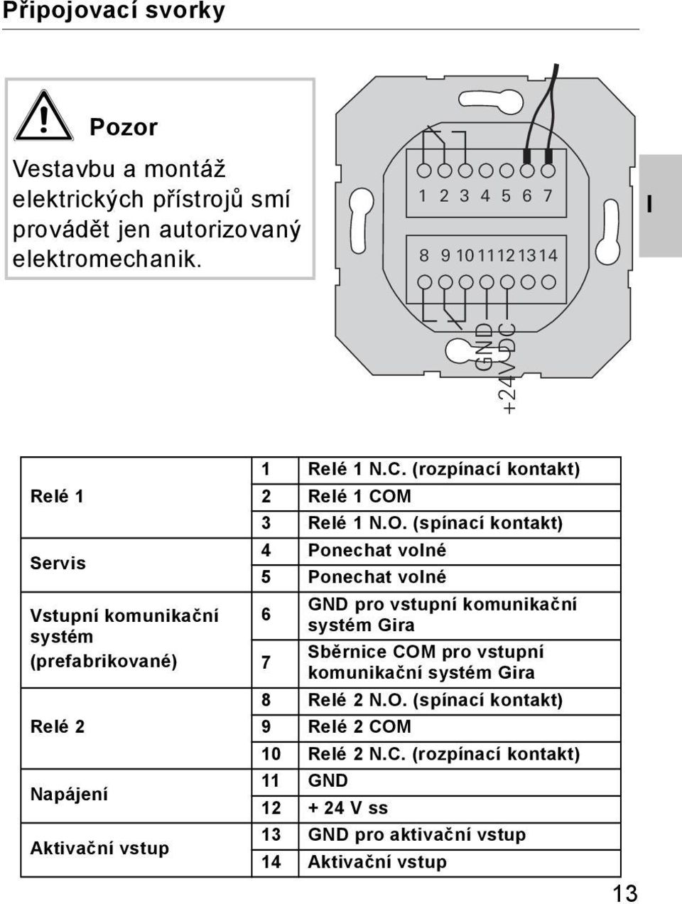 O. (spínací kontakt) 4 Ponechat volné 5 Ponechat volné 6 7 GND pro vstupní komunikační systém Gira Sběrnice COM pro vstupní komunikační systém