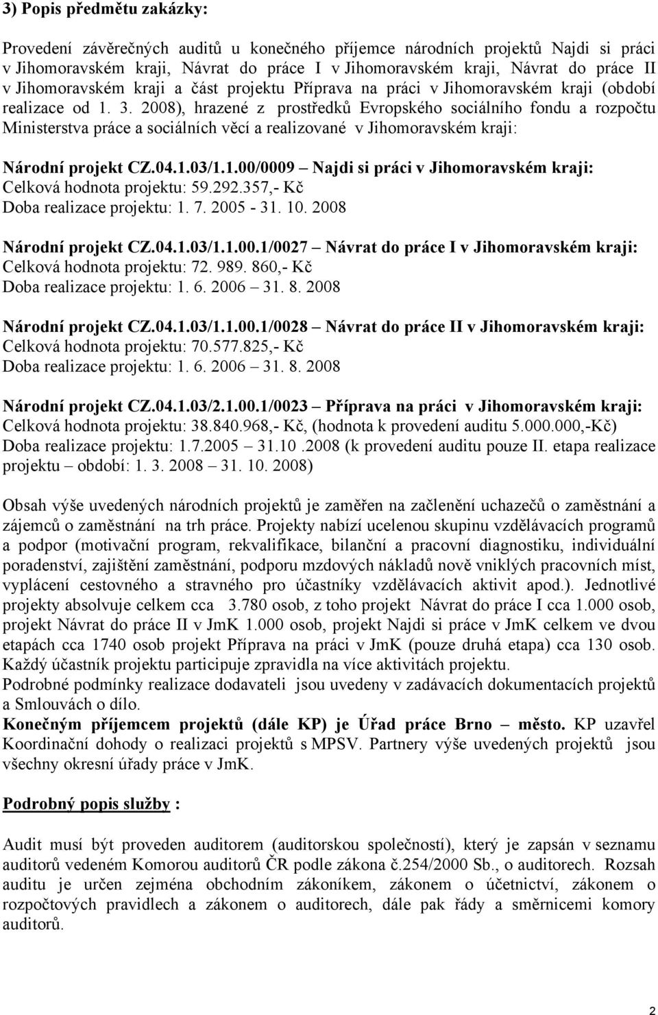 2008), hrazené z prostředků Evropského sociálního fondu a rozpočtu Ministerstva práce a sociálních věcí a realizované v Jihomoravském kraji: Národní projekt CZ.04.1.