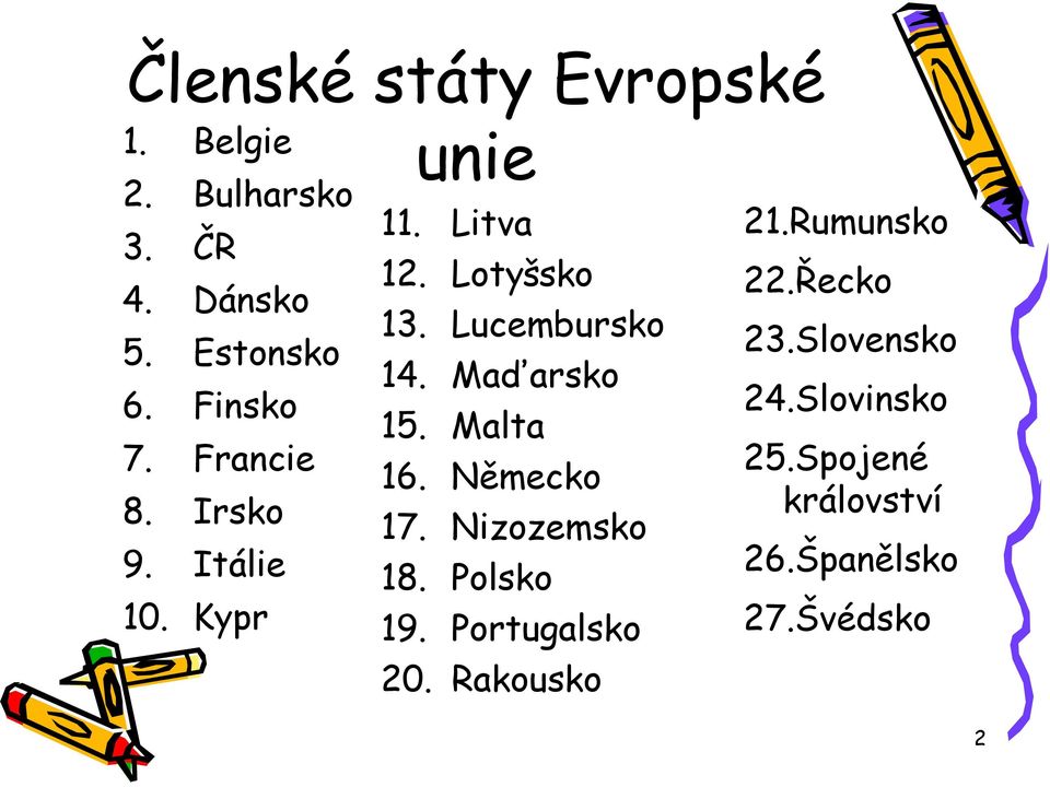 Maďarsko 15. Malta 16. Německo 17. Nizozemsko 18. Polsko 19. Portugalsko 20.