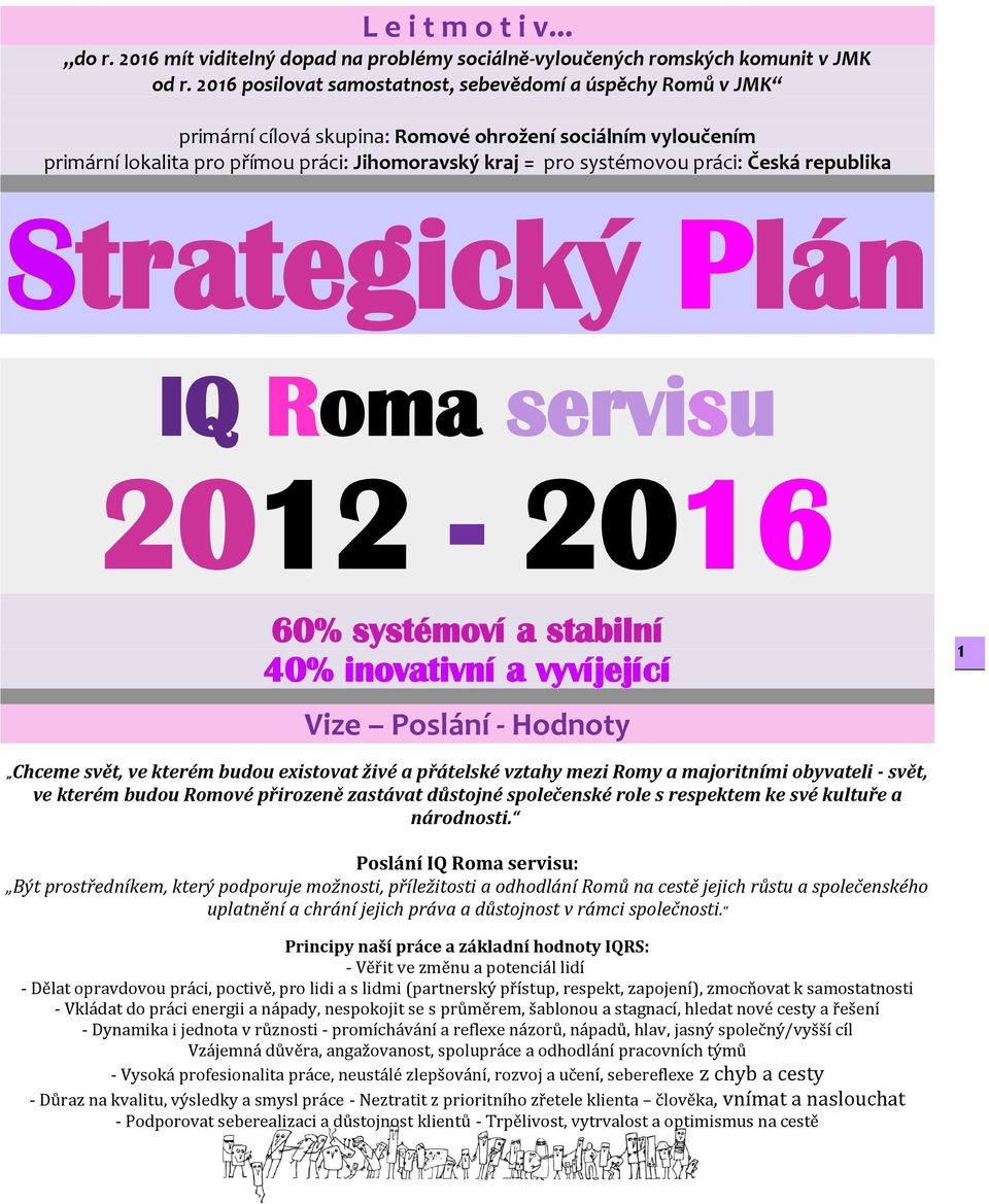 práci: Česká republika Strategický Plán IQ Roma servisu 2012-2016 60% systémoví a stabilní 40% inovativní a vyvíjející Vize Poslání - Hodnoty 1 Chceme svět, ve kterém budou existovat živé a přátelské