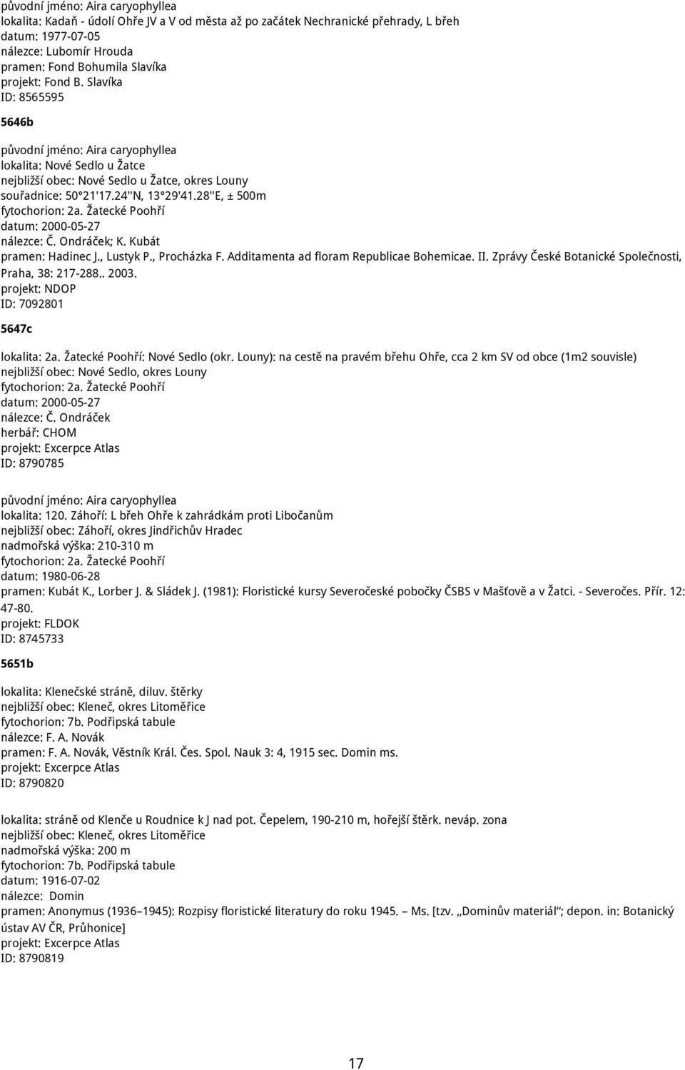 Žatecké Poohří datum: 2000-05-27 nálezce: Č. Ondráček; K. Kubát pramen: Hadinec J., Lustyk P., Procházka F. Additamenta ad floram Republicae Bohemicae. II.