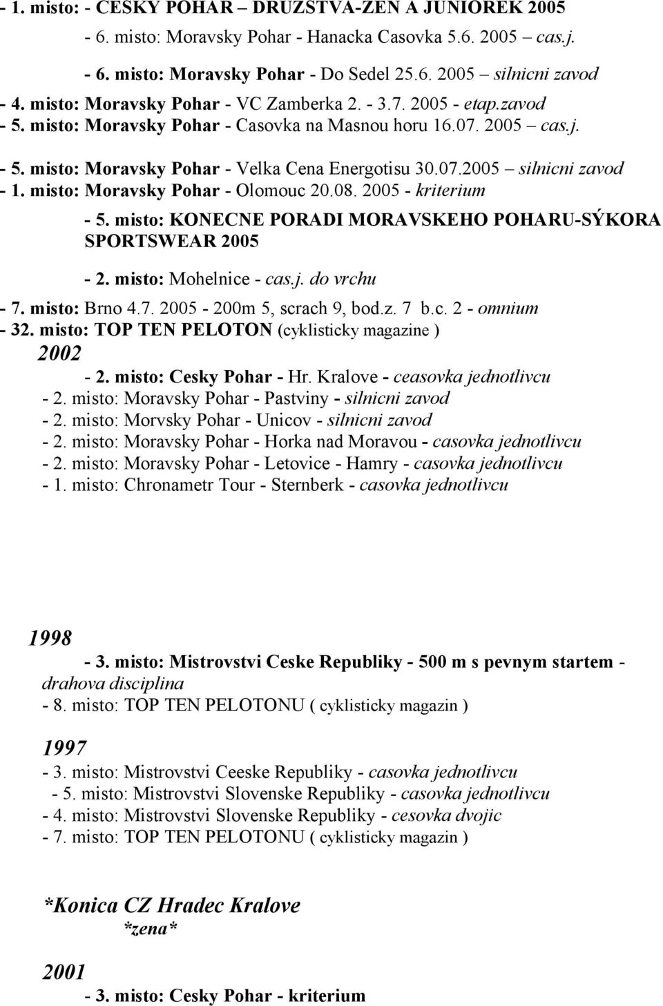 misto: Moravsky Pohar - Velka Cena Energotisu 30.07.2005 silnicni zavod - 1. misto: Moravsky Pohar - Olomouc 20.08. 2005 - kriterium - 5.