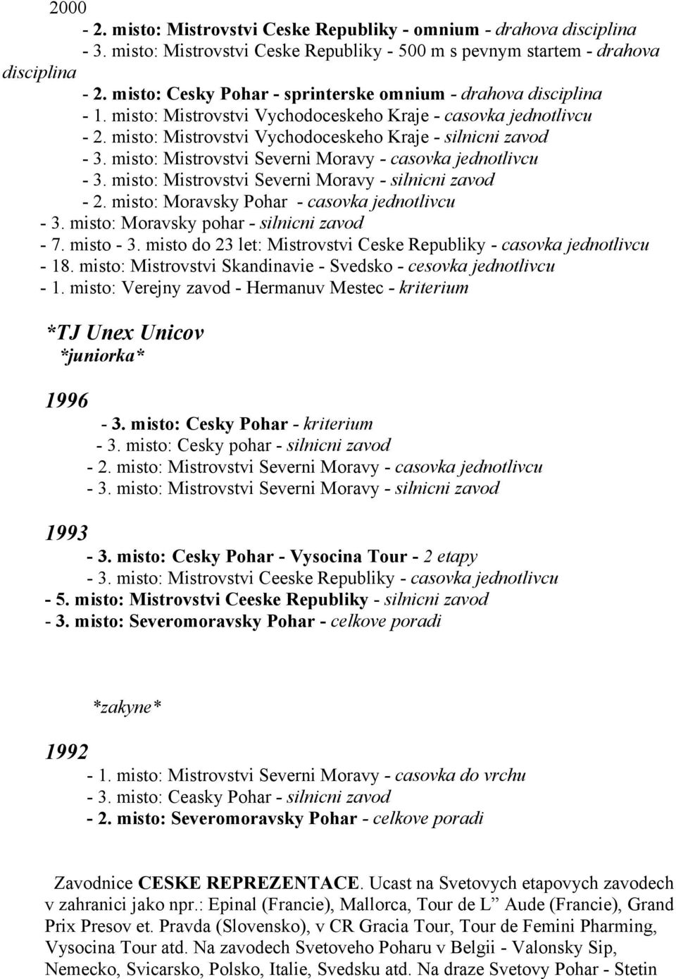 misto: Mistrovstvi Severni Moravy - casovka jednotlivcu - 3. misto: Mistrovstvi Severni Moravy - silnicni zavod - 2. misto: Moravsky Pohar - casovka jednotlivcu - 3.