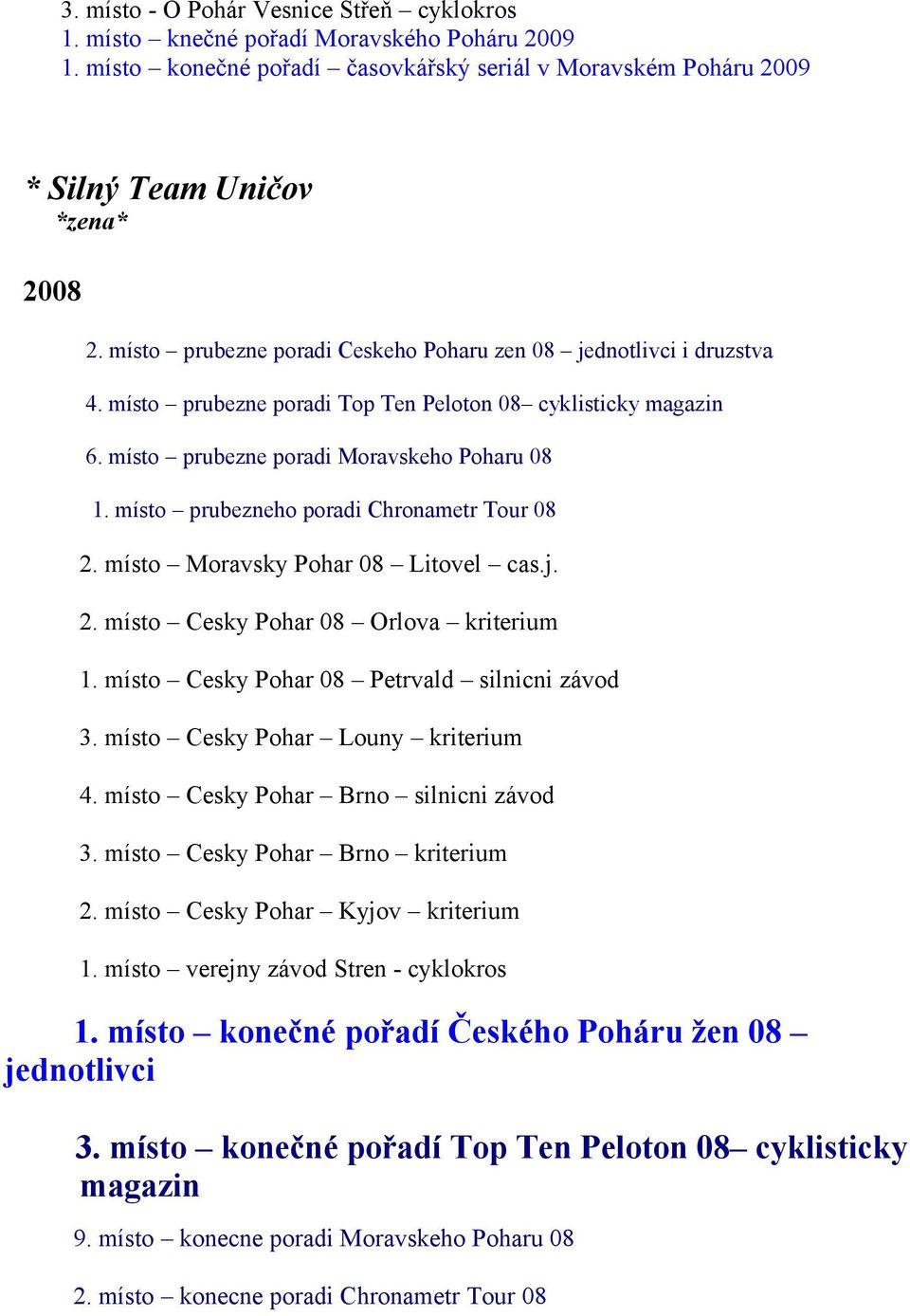 místo prubezneho poradi Chronametr Tour 08 2. místo Moravsky Pohar 08 Litovel cas.j. 2. místo Cesky Pohar 08 Orlova kriterium 1. místo Cesky Pohar 08 Petrvald silnicni závod 3.