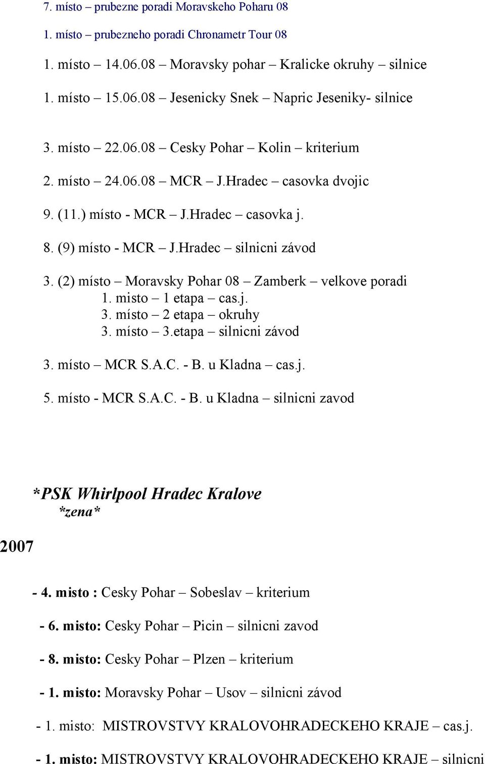 (2) místo Moravsky Pohar 08 Zamberk velkove poradi 1. misto 1 etapa cas.j. 3. místo 2 etapa okruhy 3. místo 3.etapa silnicni závod 3. místo MCR S.A.C. - B.