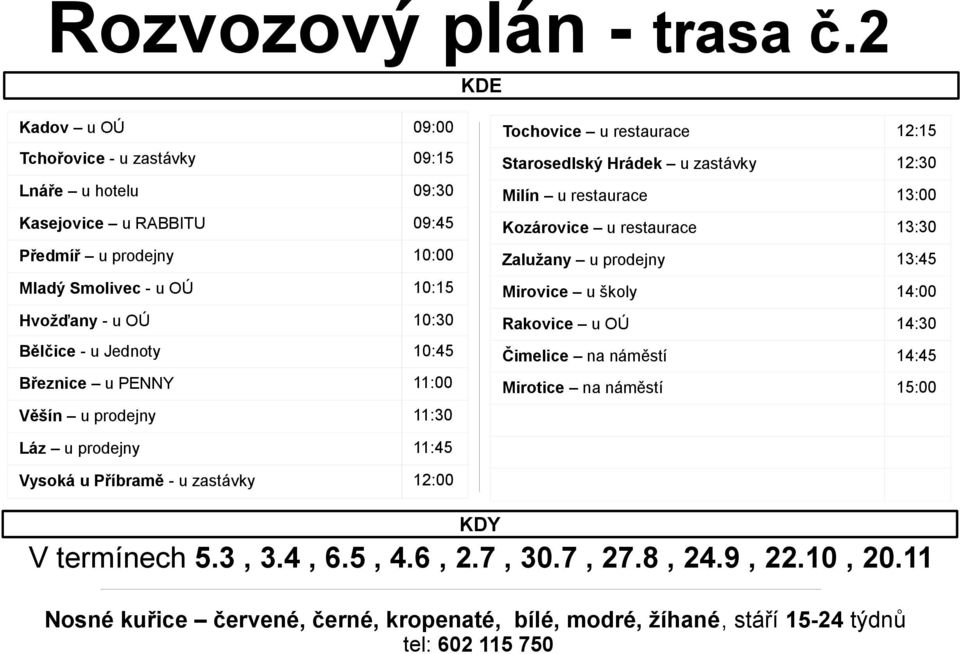 Bělčice - u Jednoty 10:45 Březnice u PENNY 11:00 Věšín u prodejny 11:30 Tochovice u restaurace 12:15 Starosedlský Hrádek u zastávky 12:30 Milín u restaurace 13:00 Kozárovice u