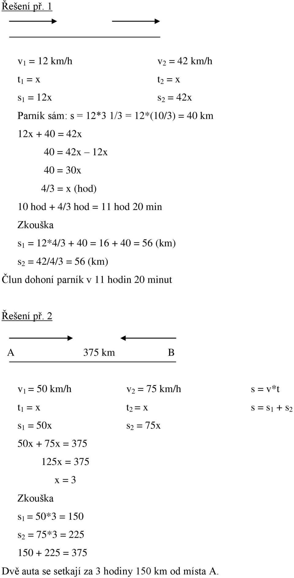 12x 40 = 30x 4/3 = x (hod) 10 hod + 4/3 hod = 11 hod 20 min s 1 = 12*4/3 + 40 = 16 + 40 = 56 (km) s 2 = 42/4/3 = 56 (km) Člun dohoní