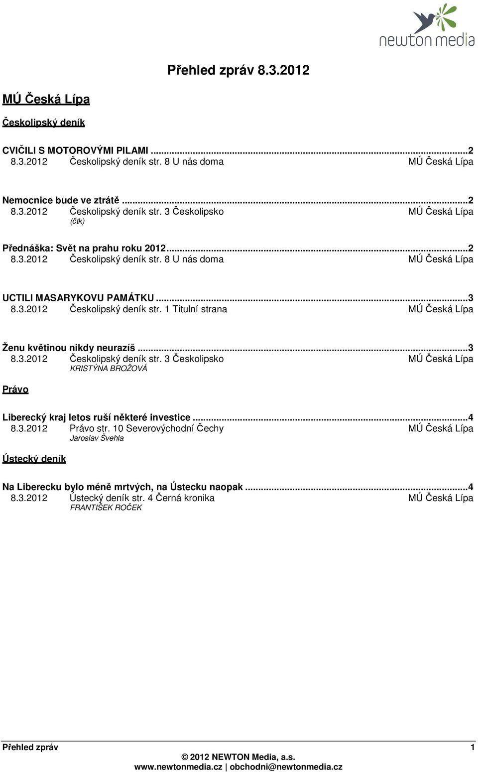 ..4 8.3.2012 Právo str. 10 Severovýchodní Čechy Jaroslav Švehla Ústecký deník Na Liberecku bylo méně mrtvých, na Ústecku naopak...4 8.3.2012 Ústecký deník str.