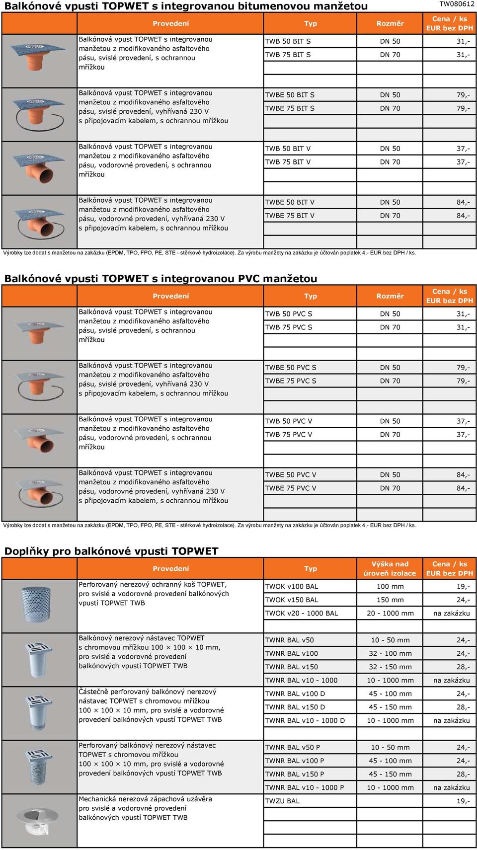 vodorovné provedení, vyhřívaná 230 V s připojovacím kabelem, s ochrannou mřížkou TWBE 50 BIT V DN 50 84,- TWBE 75 BIT V DN 70 84,- Výrobky lze dodat s manžetou na zakázku (EPDM, TPO, FPO, PE, STE -