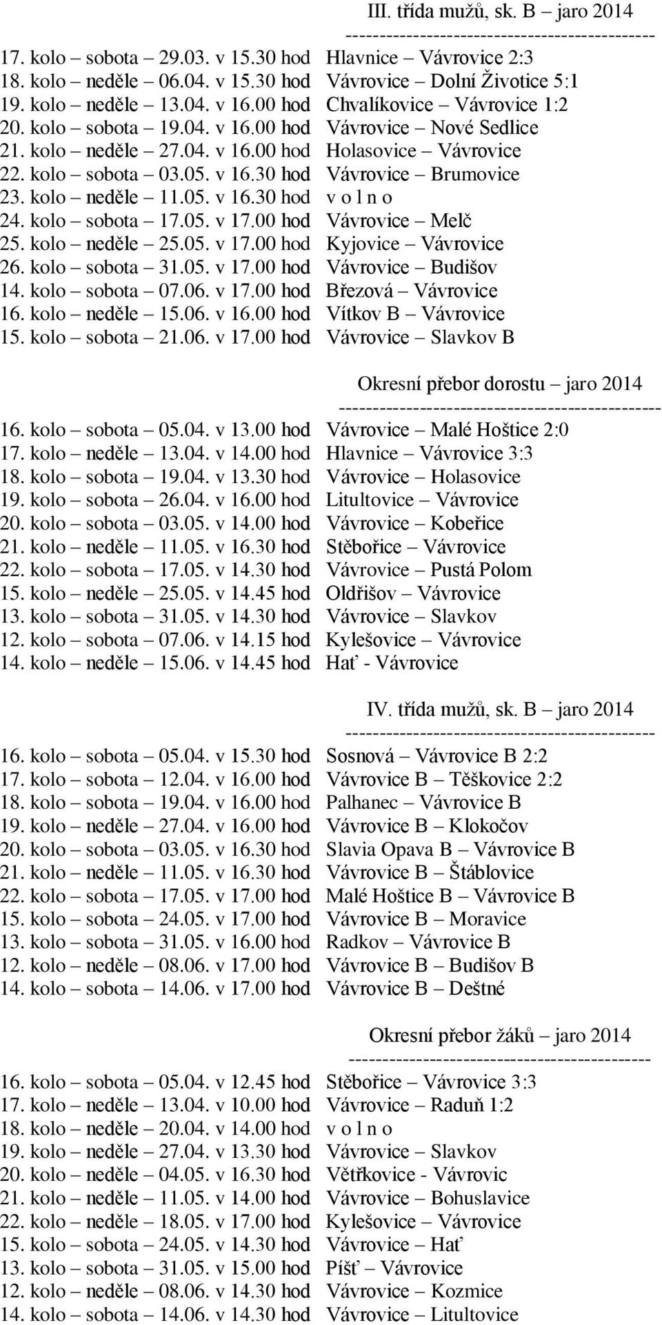 kolo neděle 11.05. v 16.30 hod v o l n o 24. kolo sobota 17.05. v 17.00 hod Vávrovice Melč 25. kolo neděle 25.05. v 17.00 hod Kyjovice Vávrovice 26. kolo sobota 31.05. v 17.00 hod Vávrovice Budišov 14.