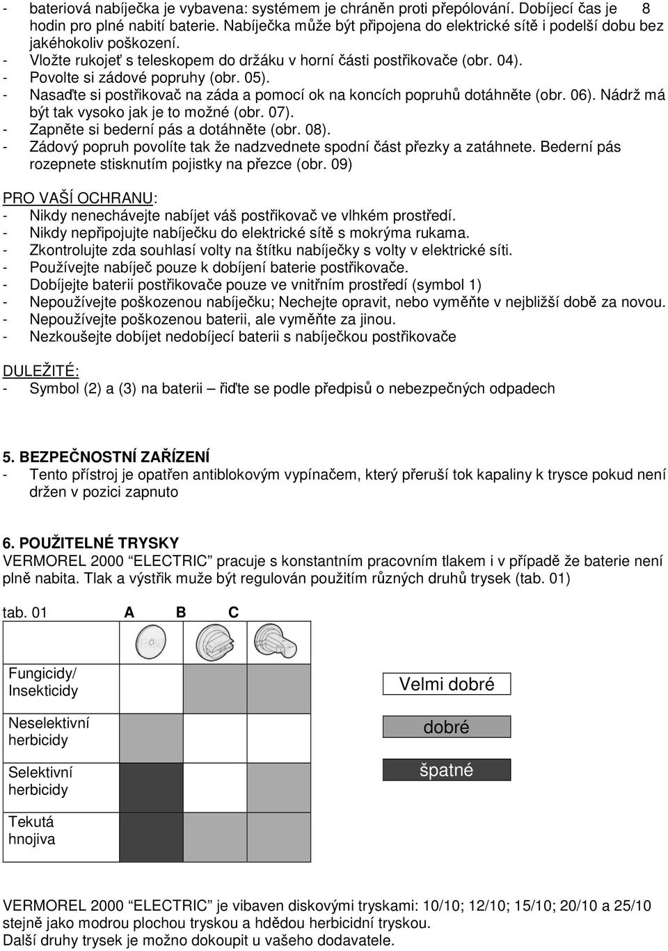 - Povolte si zádové popruhy (obr. 05). - Nasaďte si postřikovač na záda a pomocí ok na koncích popruhů dotáhněte (obr. 06). Nádrž má být tak vysoko jak je to možné (obr. 07).