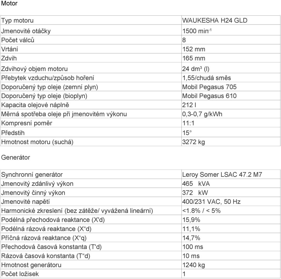 Předstih 15 Hmotnost motoru (suchá) 3272 kg Generátor Synchronní generátor Leroy Somer LSAC 47.