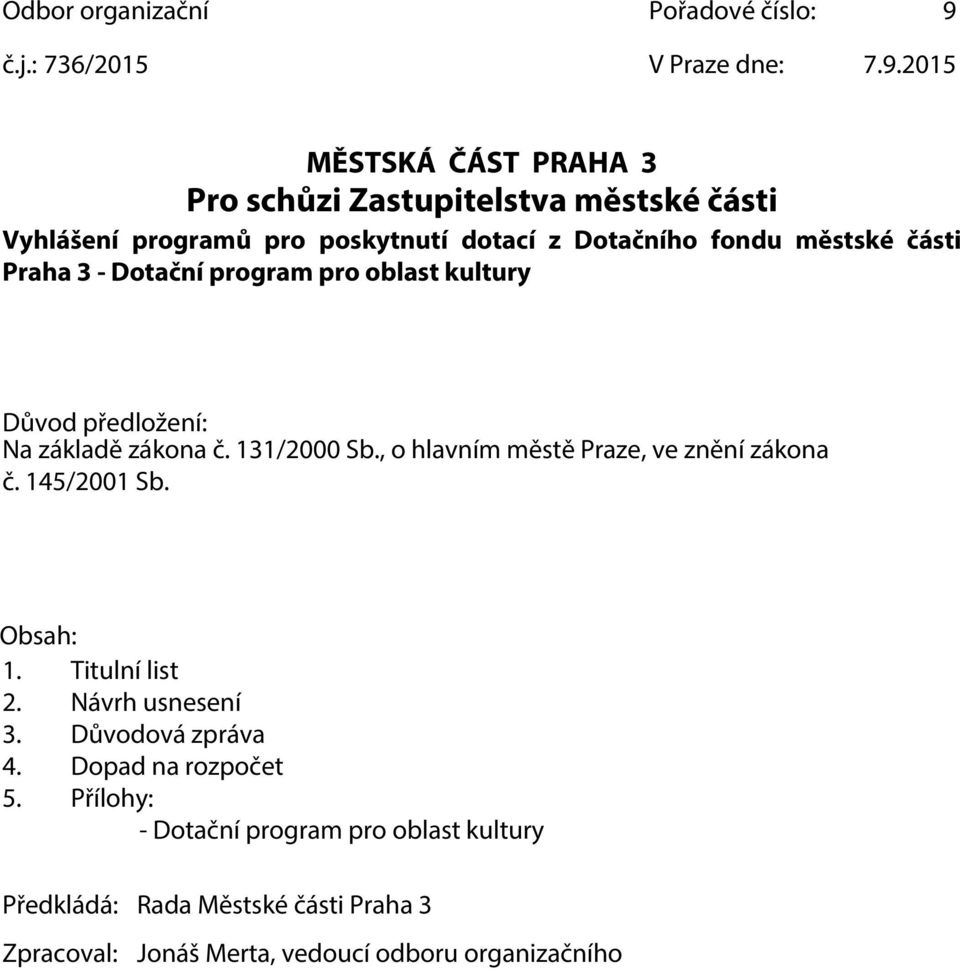 2015 MĚSTSKÁ ČÁST PRAHA 3 Pro schůzi Zastupitelstva městské části Vyhlášení programů pro poskytnutí dotací z Dotačního fondu městské části Praha