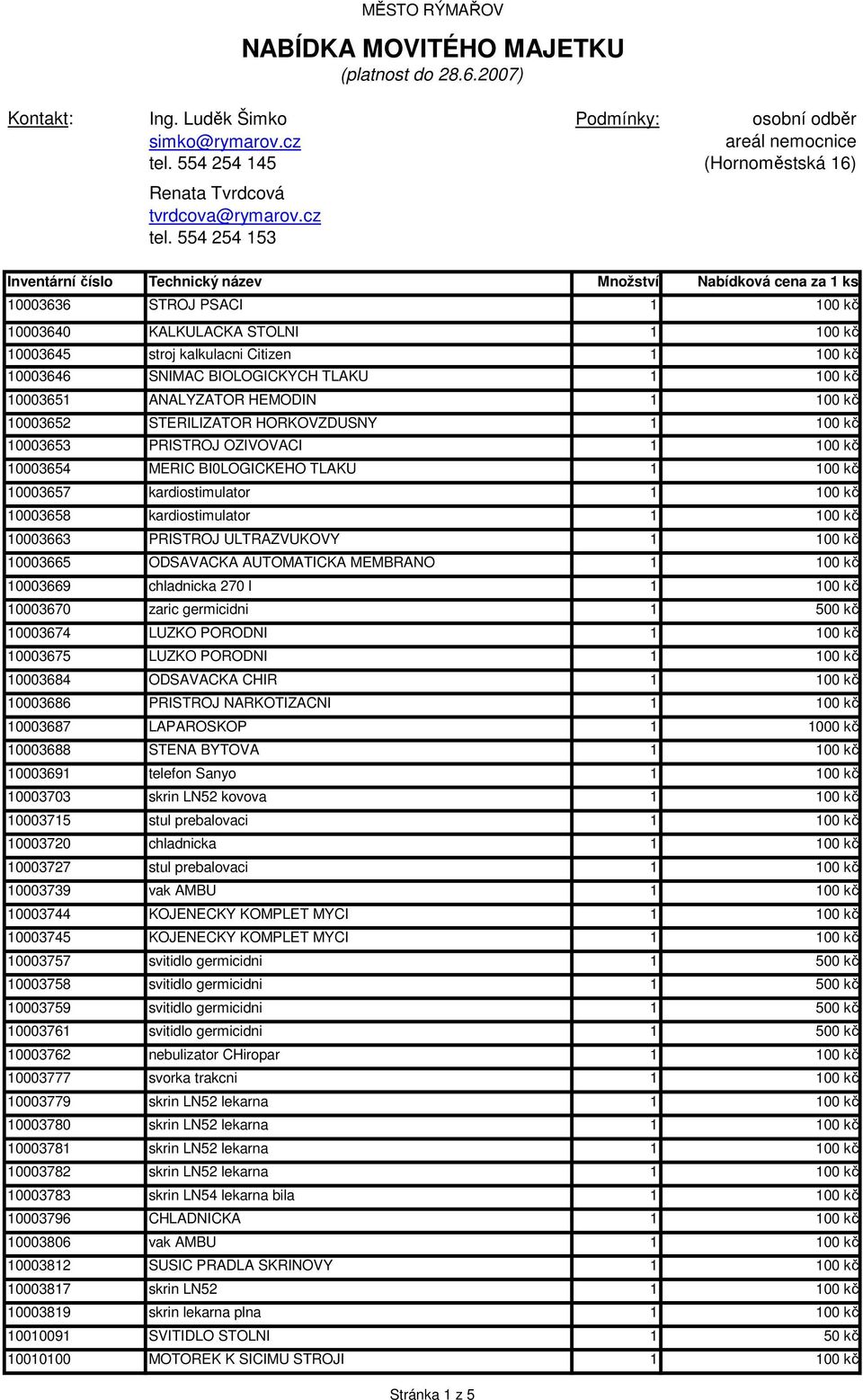 2007) Inventární číslo Technický název Množství Nabídková cena za 1 ks 10003636 STROJ PSACI 10003640 KALKULACKA STOLNI 10003645 stroj kalkulacni Citizen 10003646 SNIMAC BIOLOGICKYCH TLAKU 10003651