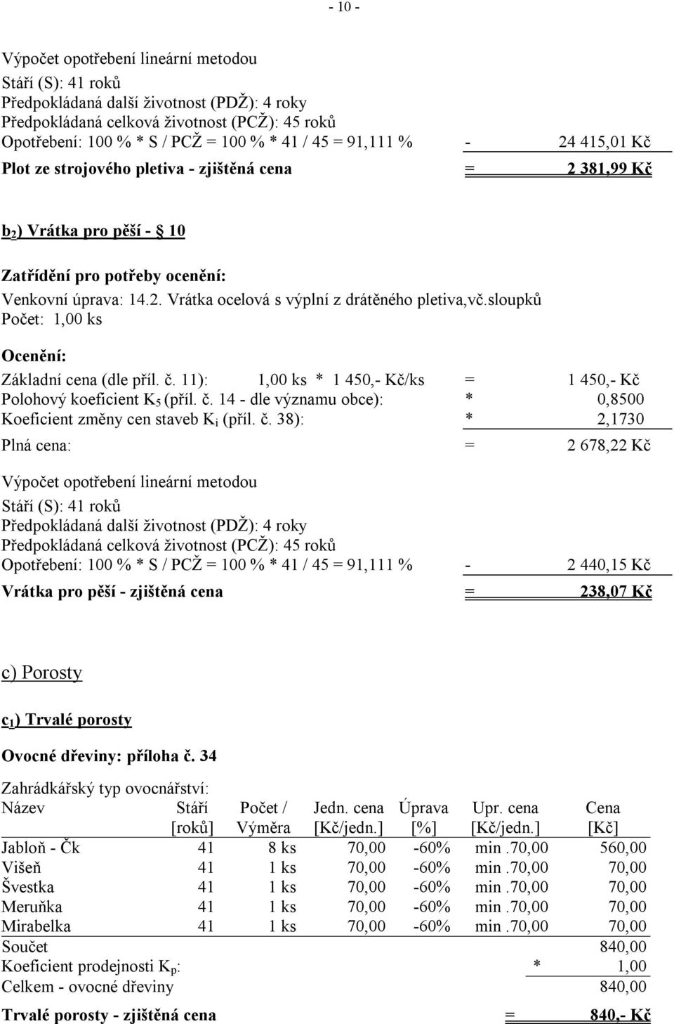 sloupků Počet: 1,00 ks Ocenění: Základní cena (dle příl. č. 11): 1,00 ks * 1 450,- Kč/ks = 1 450,- Kč Polohový koeficient K 5 (příl. č. 14 - dle významu obce): * 0,8500 Koeficient změny cen staveb K i (příl.